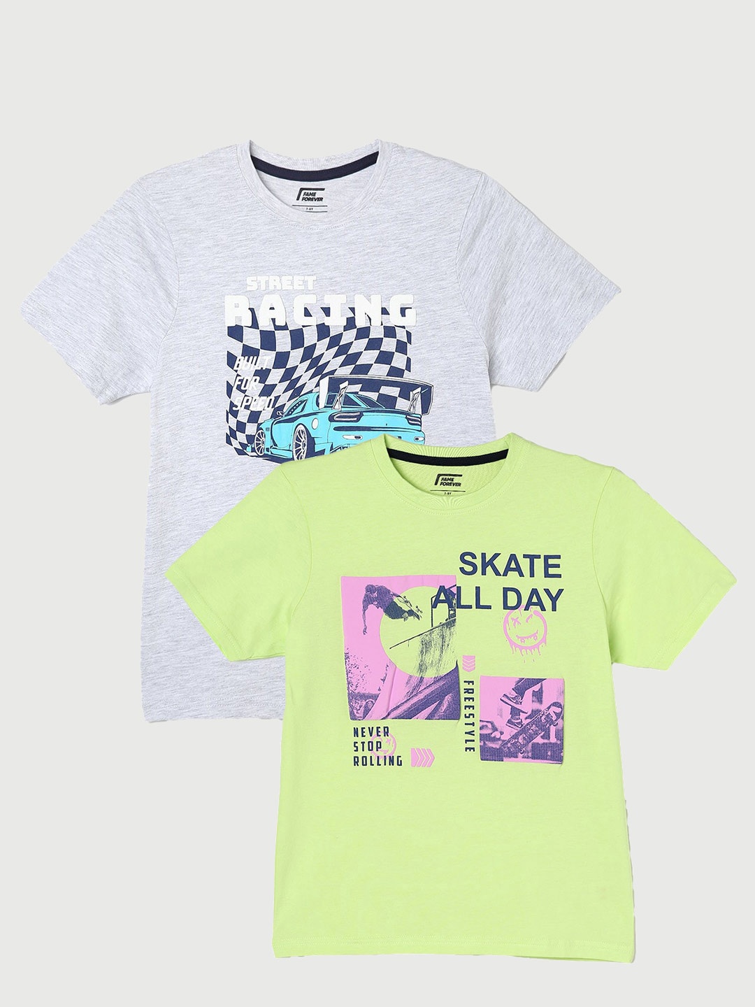 

Fame Forever by Lifestyle Boys Pack Of 2 Printed Cotton T-Shirt, Lime green