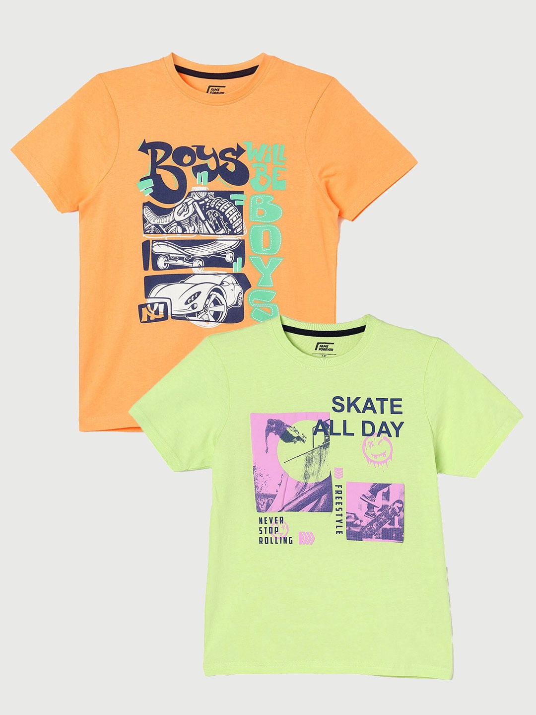 

Fame Forever by Lifestyle Boys Pack Of 2 Printed Cotton T-Shirt, Coral