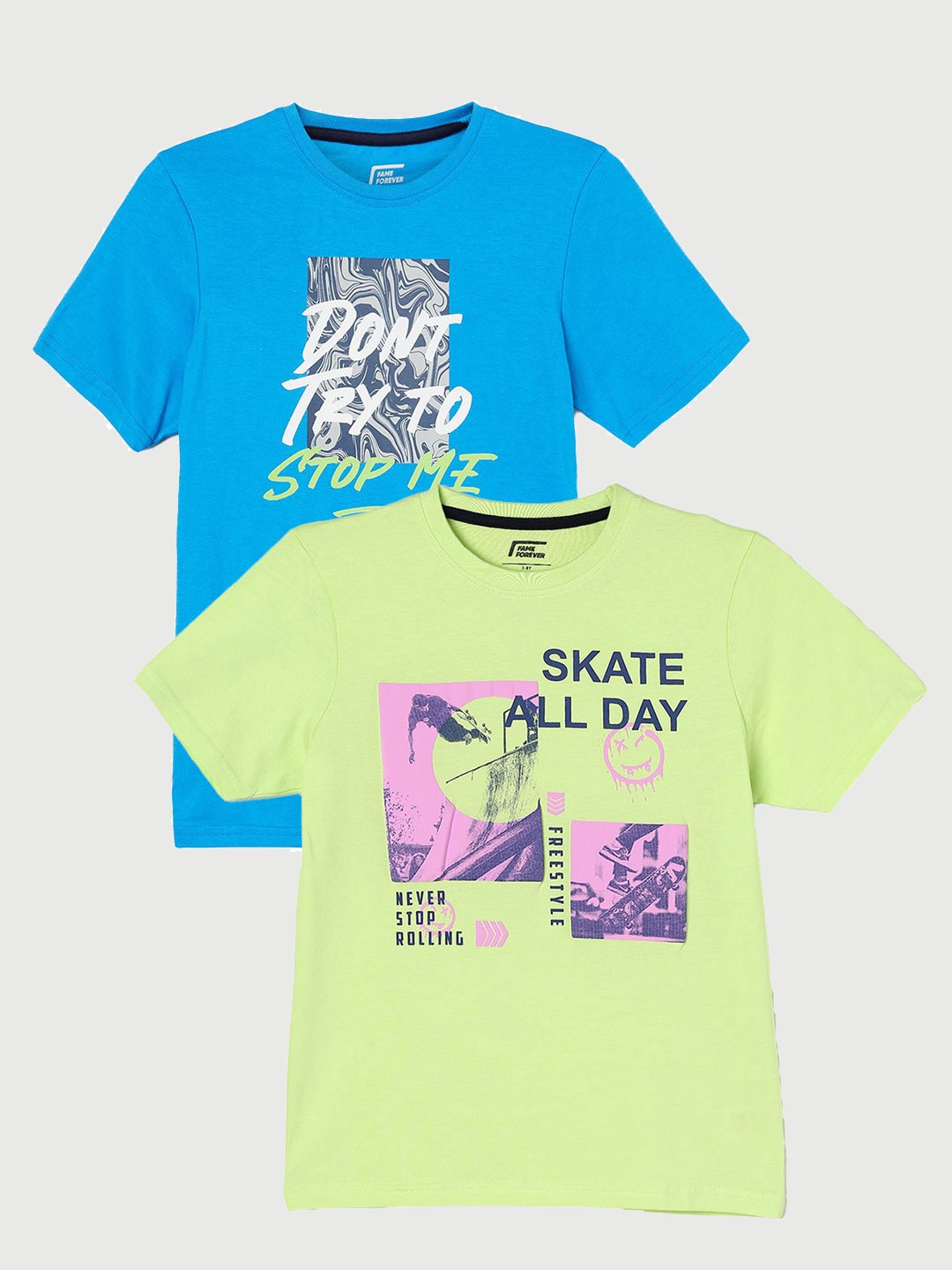 

Fame Forever by Lifestyle Boys Pack Of 2 Printed Pure Cotton T-Shirt, Lime green
