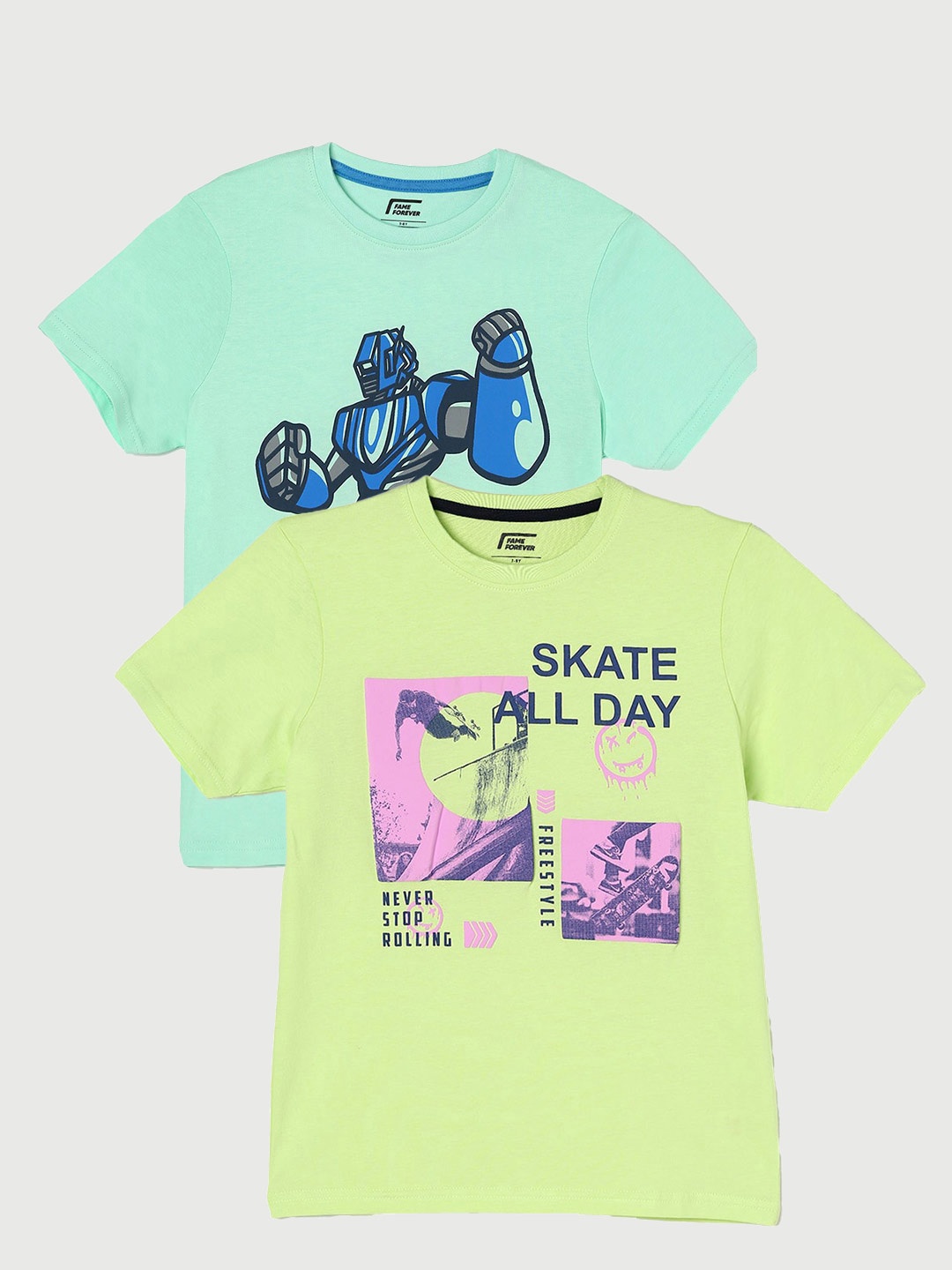 

Fame Forever by Lifestyle Boys Pack Of 2 Printed Cotton T-Shirt, Lime green