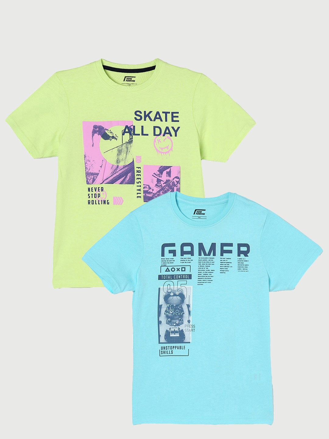 Fame Forever by Lifestyle Boys Pack Of 2 Printed Cotton T-Shirt, Blue