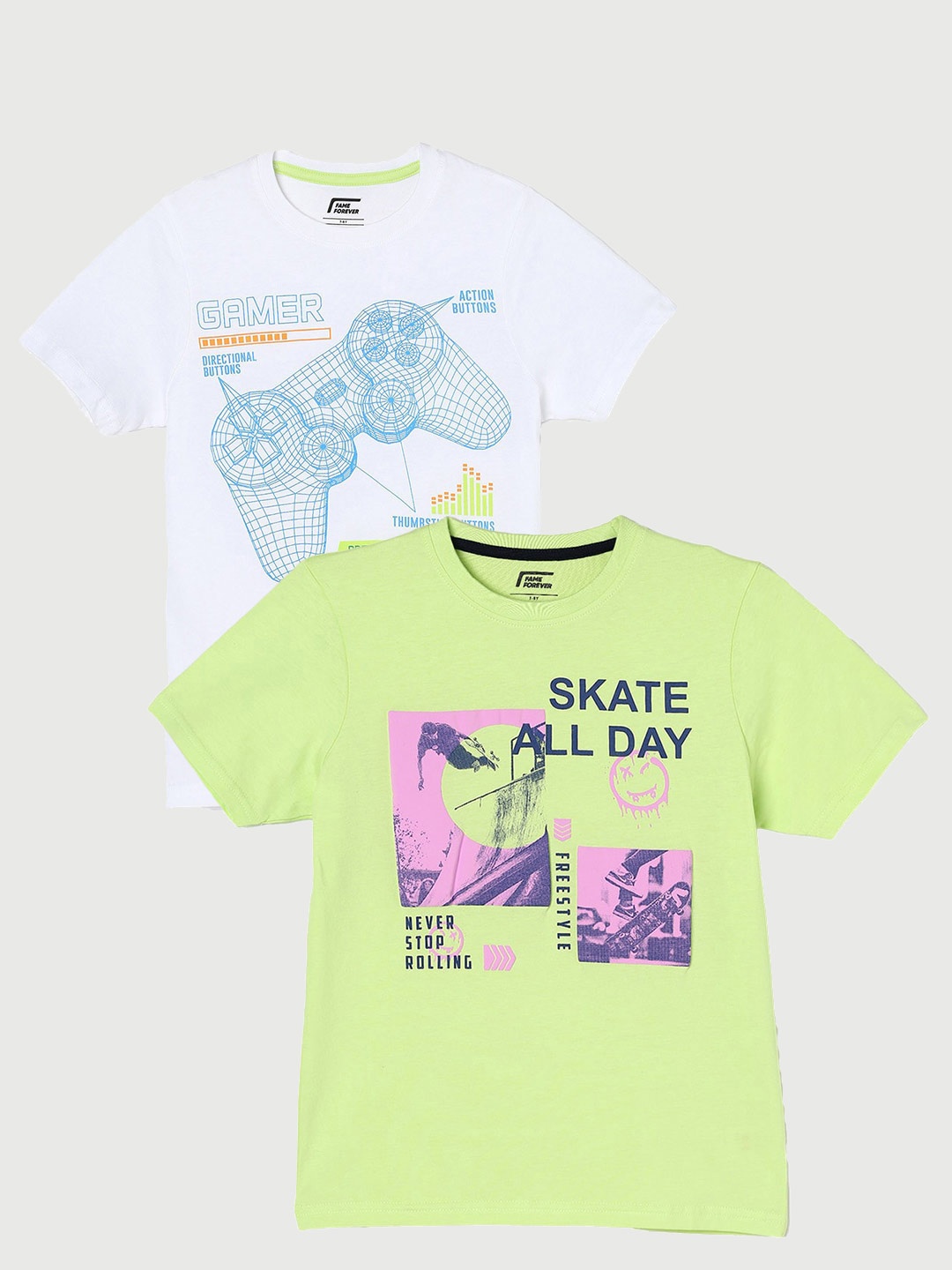 

Fame Forever by Lifestyle Boys Pack Of 2 Printed Cotton T-Shirt, Lime green