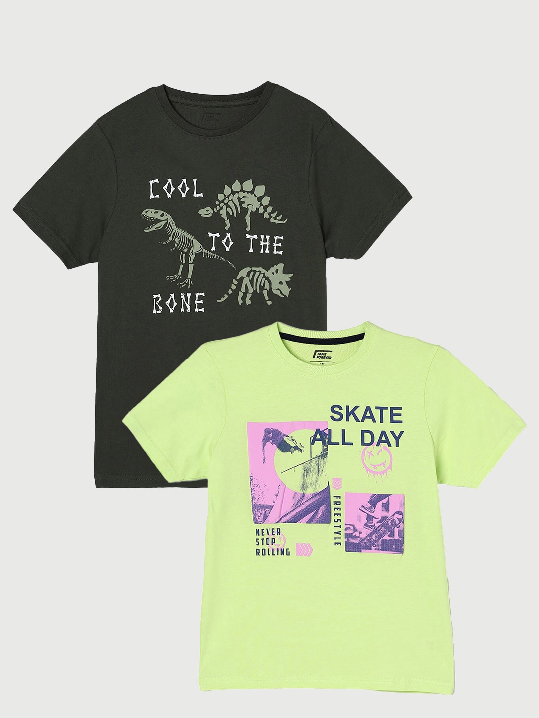 

Fame Forever by Lifestyle Boys Pack Of 2 Printed Cotton T-Shirt, Olive