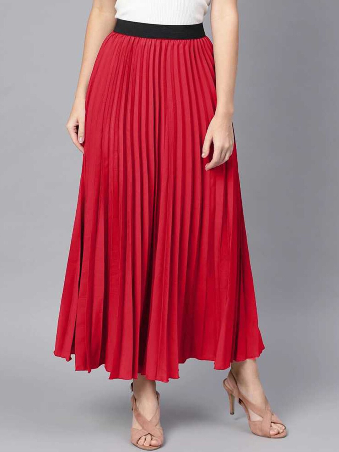 

DEKLOOK Accordion Pleated A-Line Maxi Skirt, Red