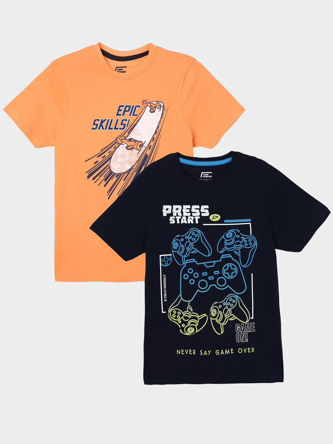 

Fame Forever by Lifestyle Boys Pack Of 2 Graphic Printed Cotton T-Shirts, Navy blue