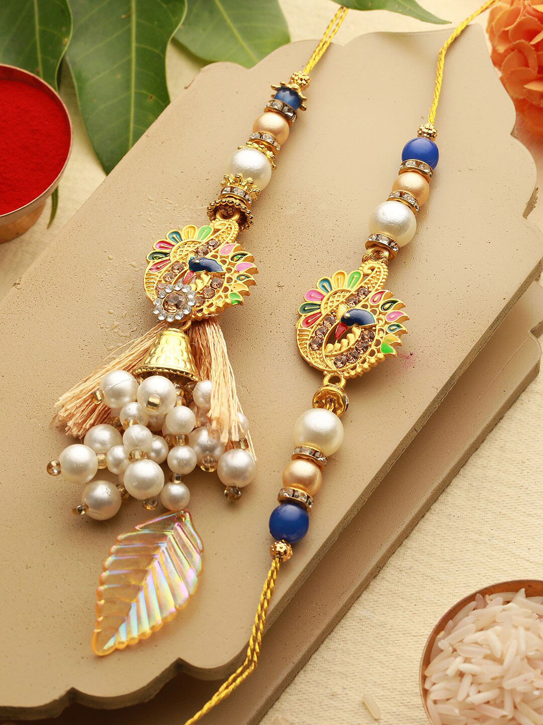 

Saraf RS Jewellery Set Of 2 Beaded Rakhi, Gold