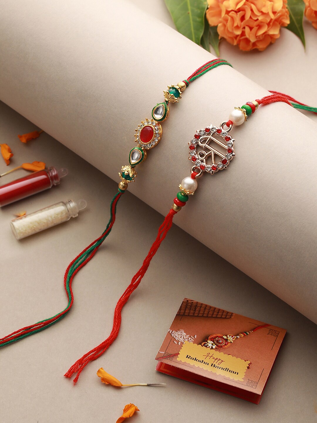 

Saraf RS Jewellery Set of 2 Kundan Beaded Rakhi, Red