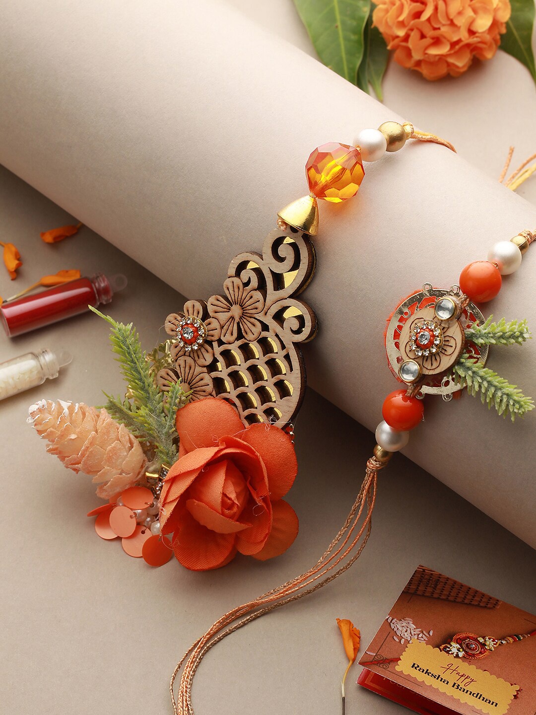 

Saraf RS Jewellery Set Of 2 Stones & Beaded Rakhi With Roli Chawal, Orange