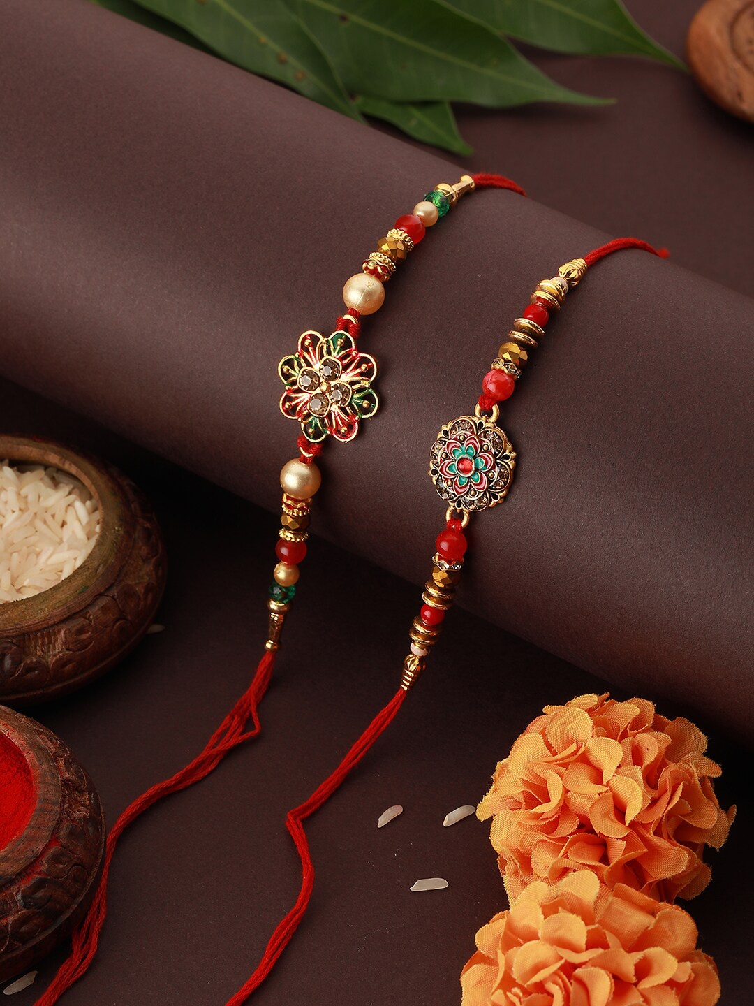 

Saraf RS Jewellery Set Of 2 Kundan Studded & Beaded Rakhis, Red