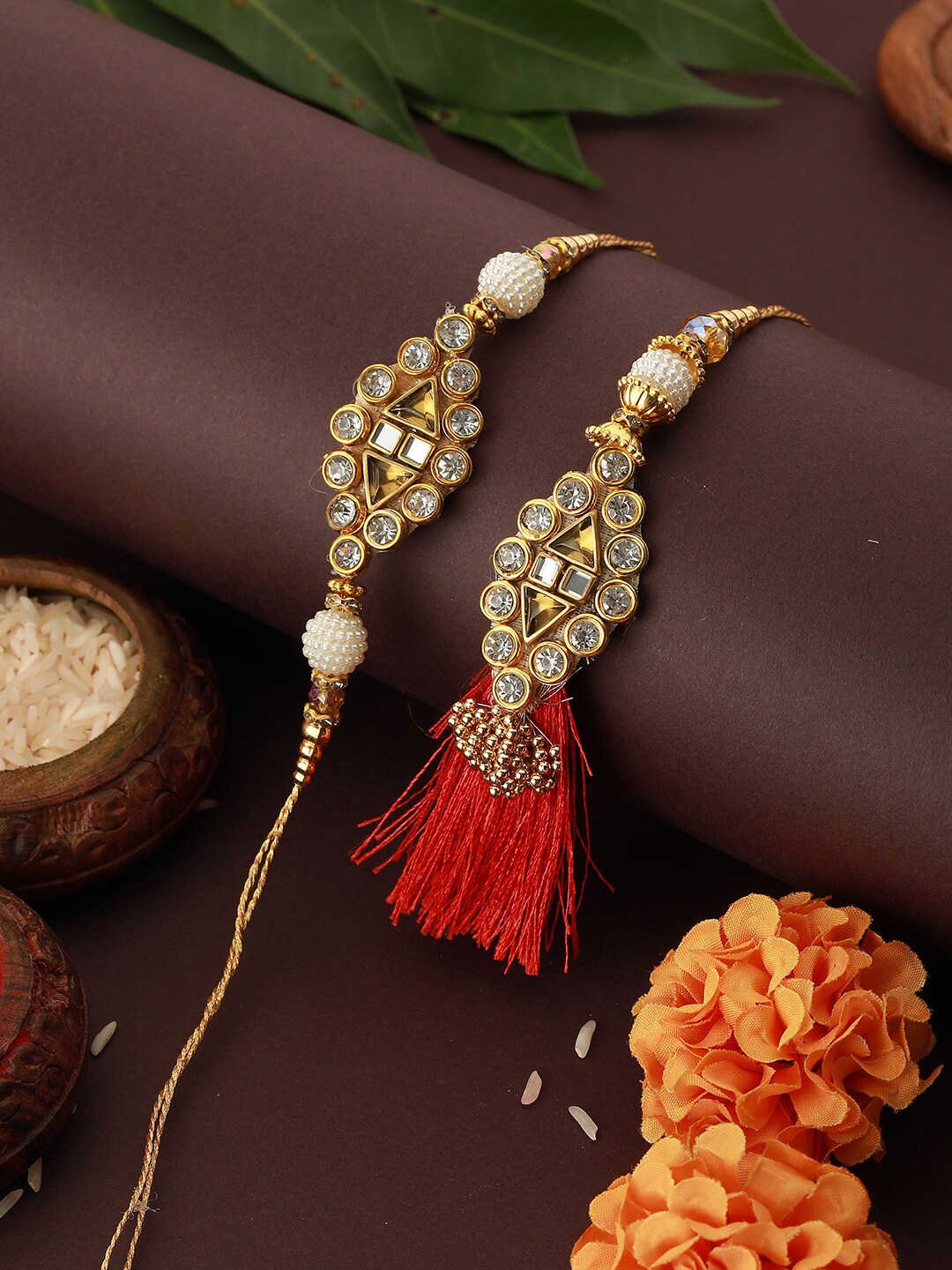

Saraf RS Jewellery Set Of 2 Kundan Studded Thread Rakhis, Red