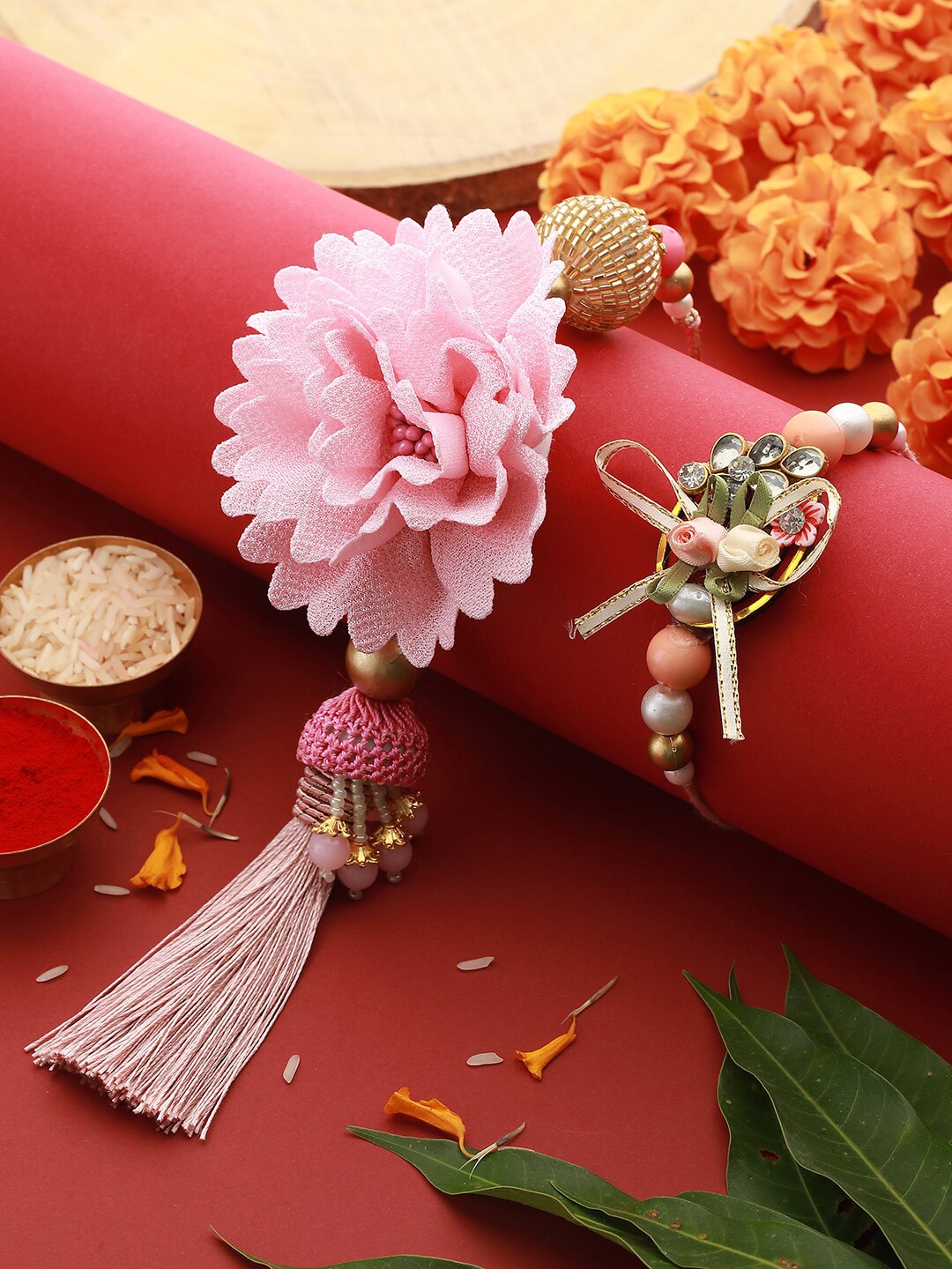 

Saraf RS Jewellery Set Of 2 Stone-Studded & Pearl Beaded Thread Rakhis, Pink