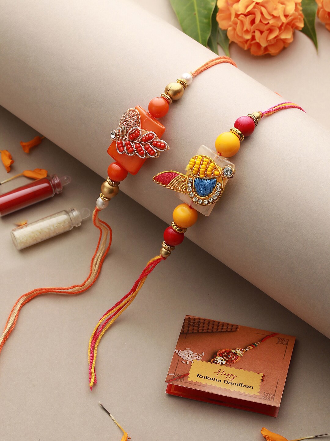 

Saraf RS Jewellery Set Of 2 Beaded Designer Rakhi, Yellow