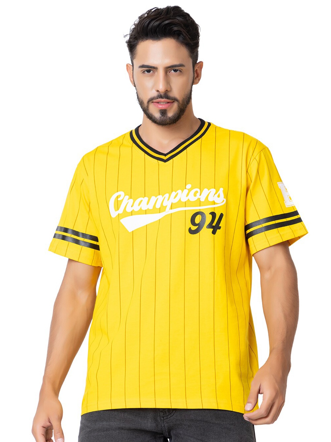 Skidlers Typography Striped Printed V-Neck Pure Cotton T-shirt, Yellow