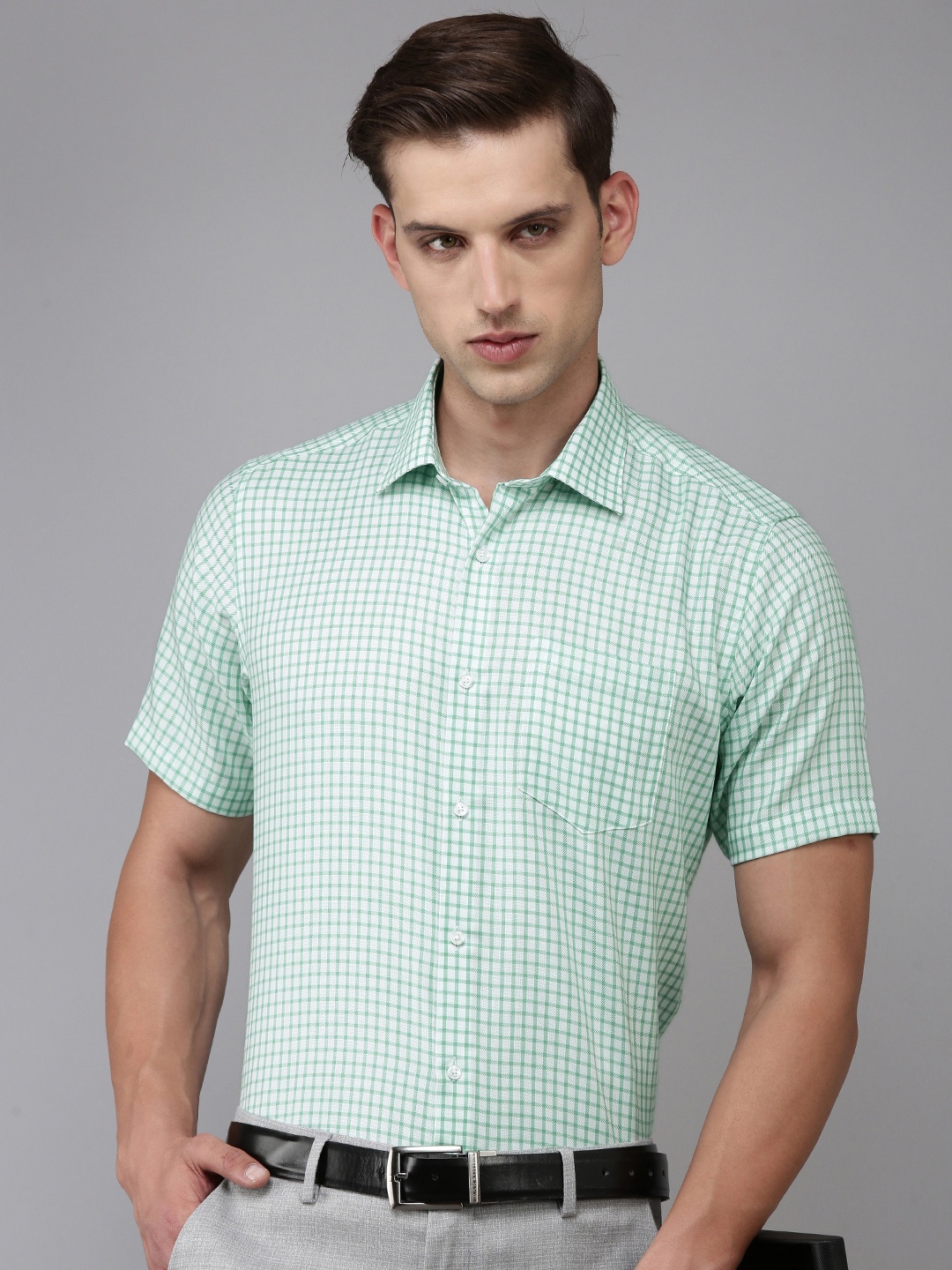 

Van Heusen Pure Cotton Self Checked Custom Fit Opaque Formal Shirt, Green