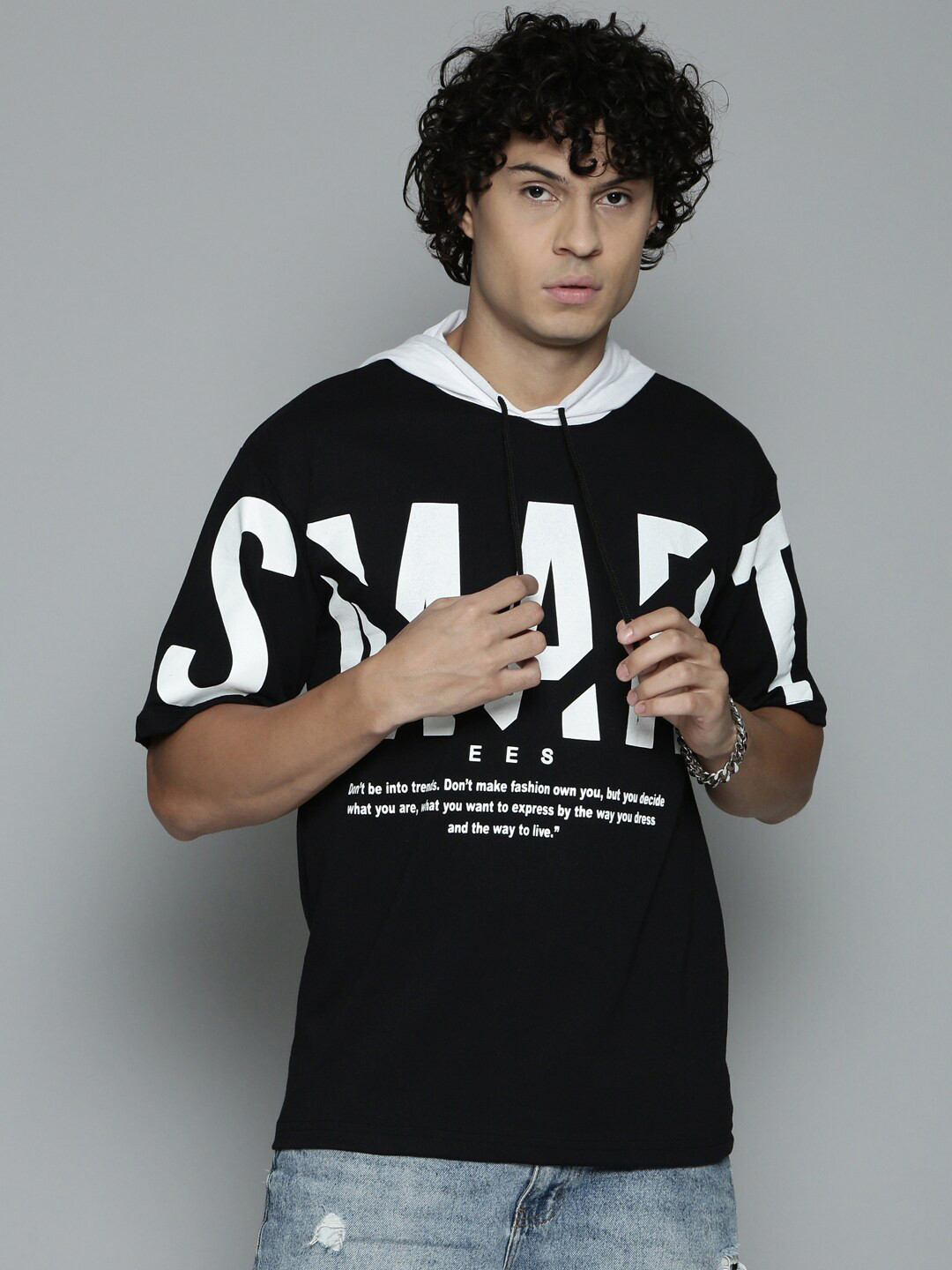 

SMARTEES Typography Oversized Hooded Cotton T-shirt, Black