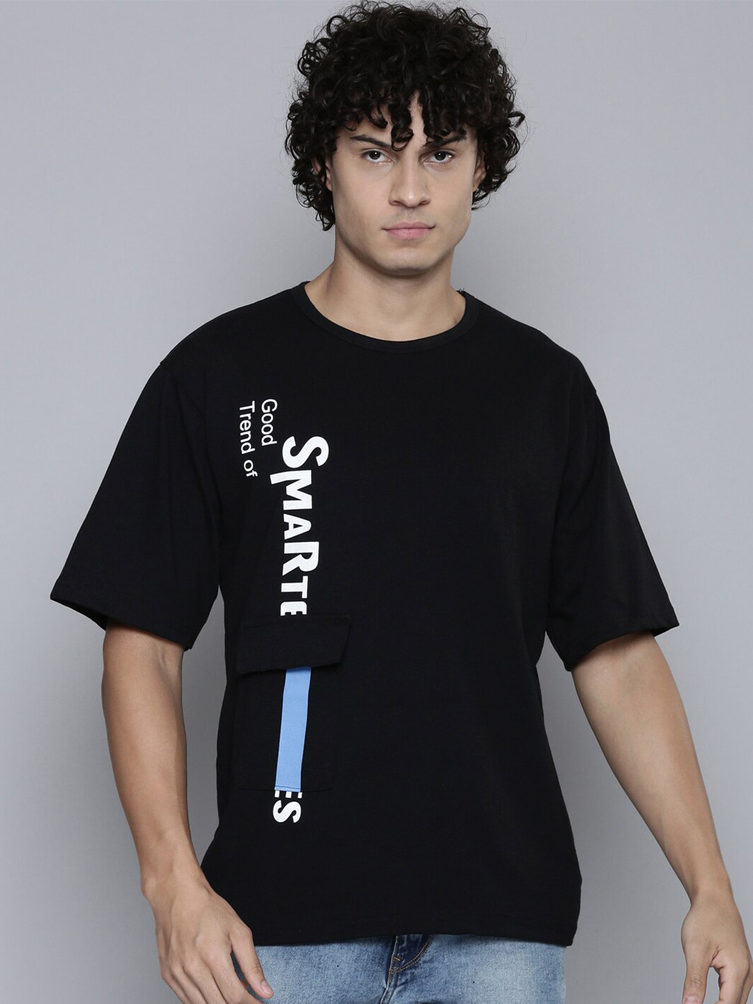 

SMARTEES Typoraphy Printed Drop Shoulder Cotton T-shirt, Black