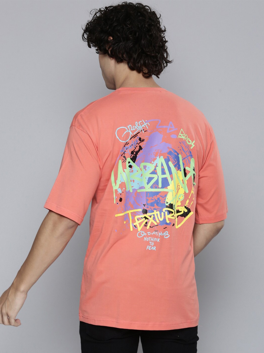 

SMARTEES Typoraphy Printed Drop Shoulder Cotton T-shirt, Peach