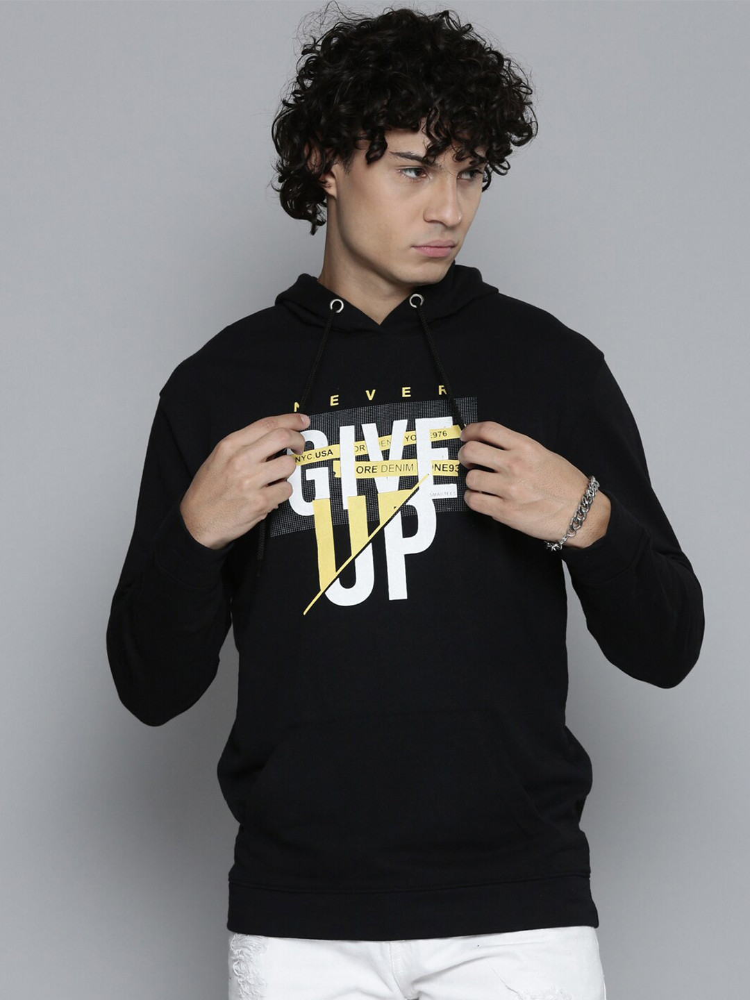 

SMARTEES Typography Printed Hooded Cotton T-shirt, Black