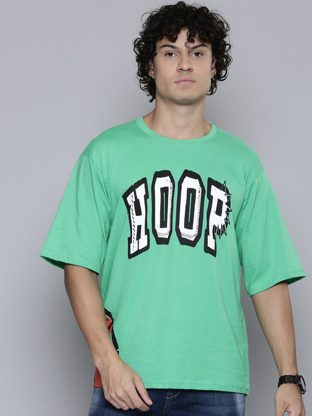 

SMARTEES Typography Printed Drop Shoulder Sleeves Cotton T-shirt, Green