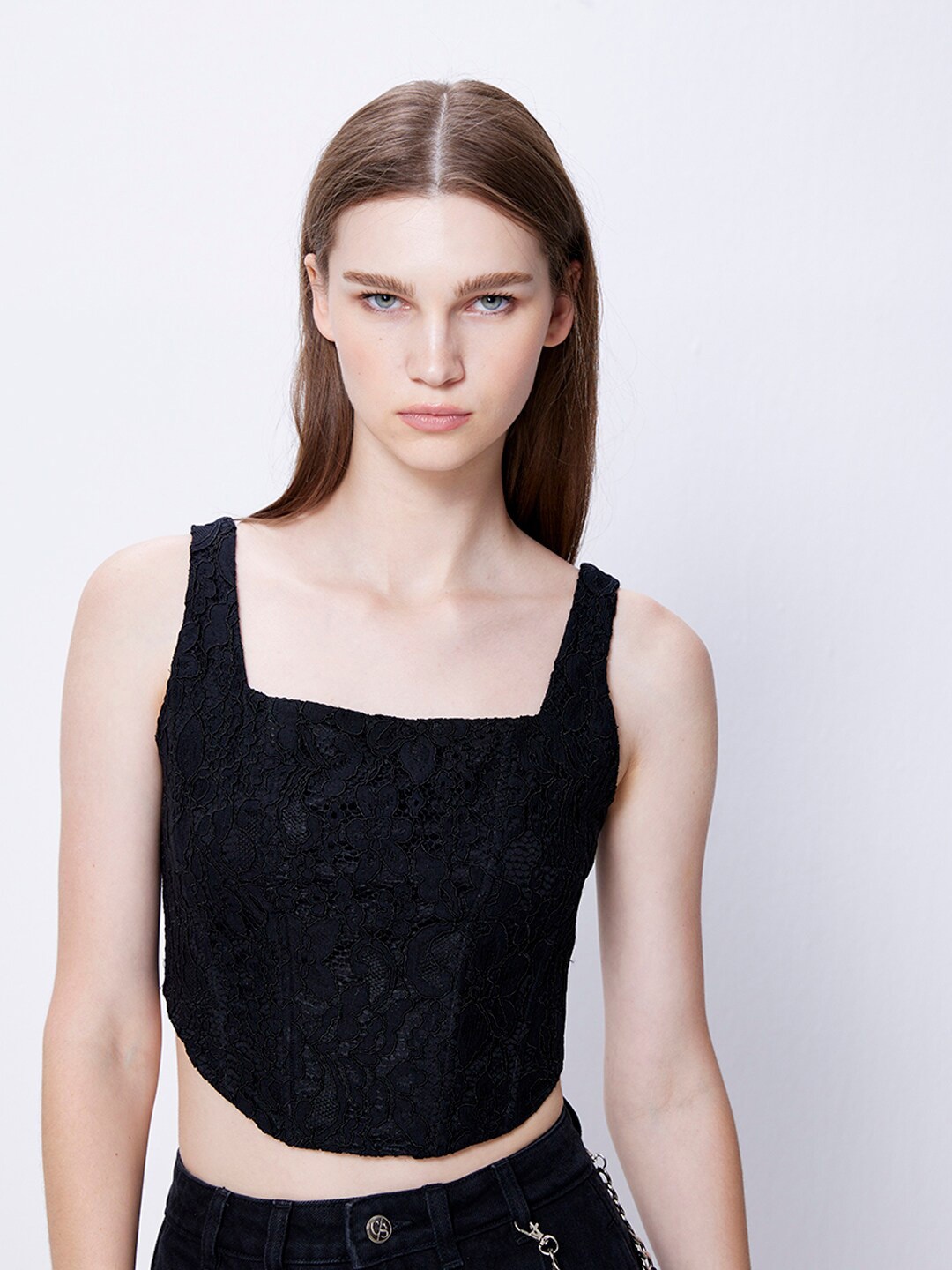 

COVER STORY Black Self Design Square Neck Sleeveless Fitted Crop Top