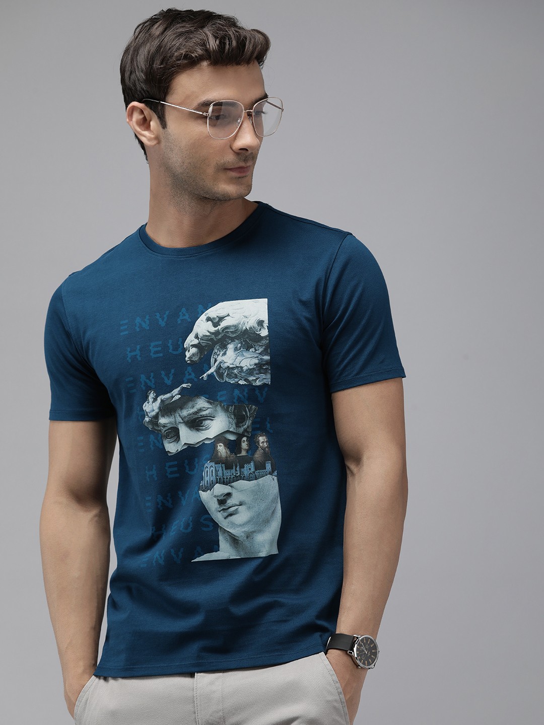 

V Dot Graphic Printed Pure Cotton Slim Fit T-shirt, Navy blue