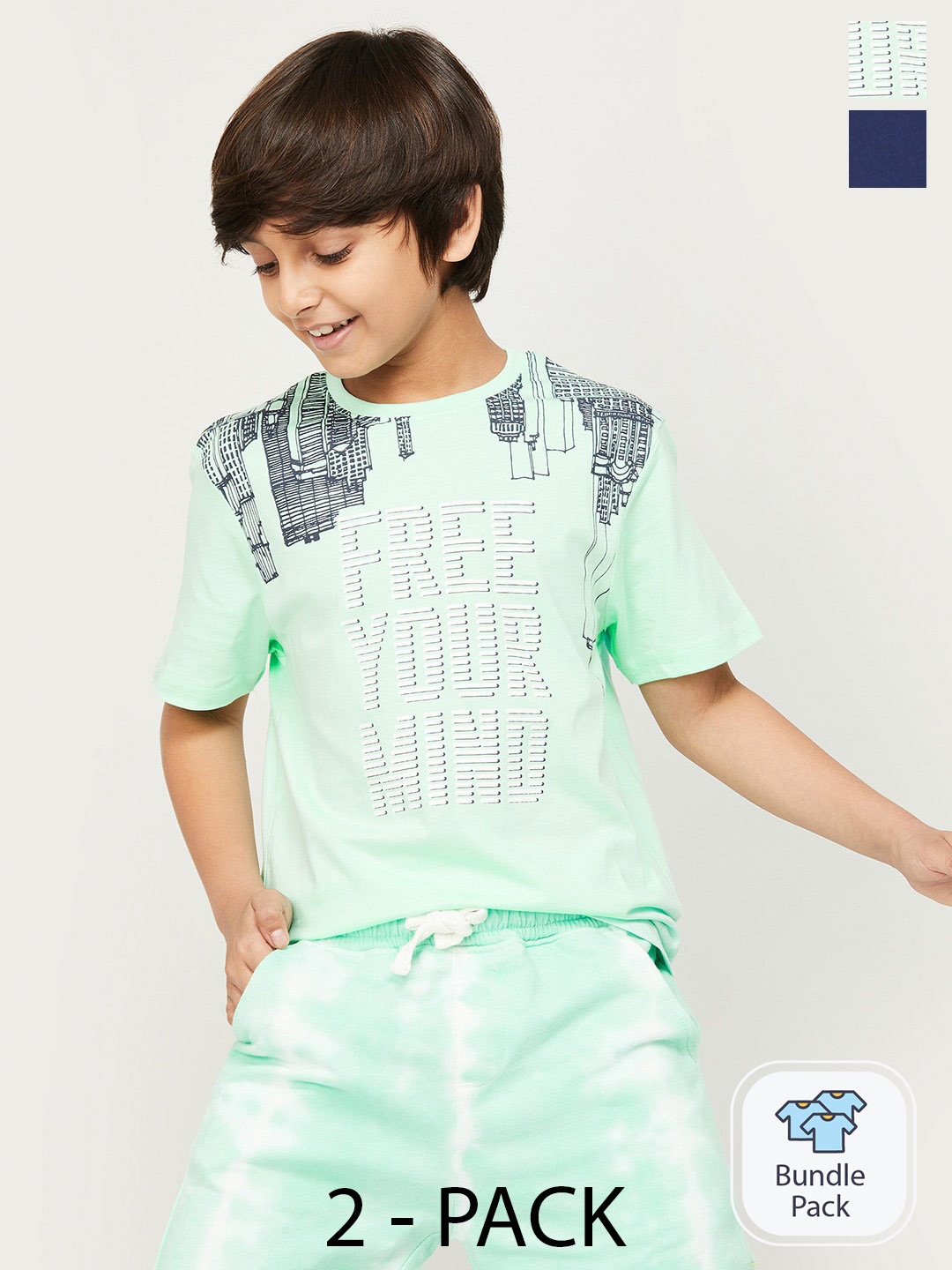 

Fame Forever by Lifestyle Boys Pack Of 2 Printed Pure Cotton T-Shirts, Sea green