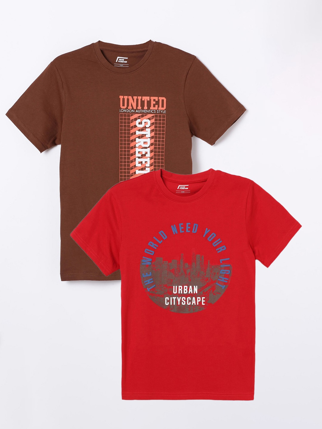 

Fame Forever by Lifestyle Boys Pack Of 2 Typography Printed Pure Cotton T-Shirts, Brown