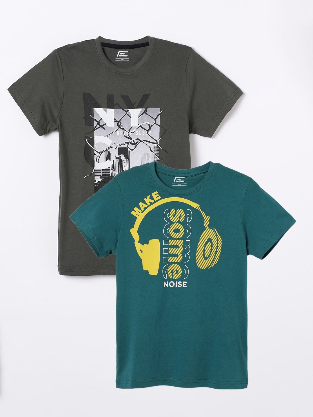 

Fame Forever by Lifestyle Boys Pack Of 2 Printed Cotton T-Shirts, Teal