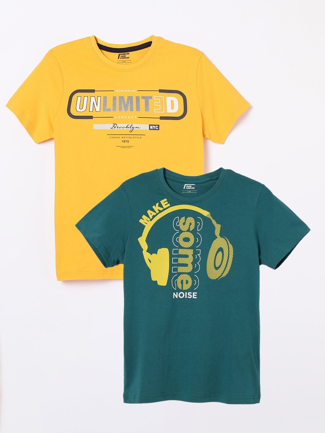 

Fame Forever by Lifestyle Boys Pack Of 2 Typography Printed Cotton T-Shirts, Teal