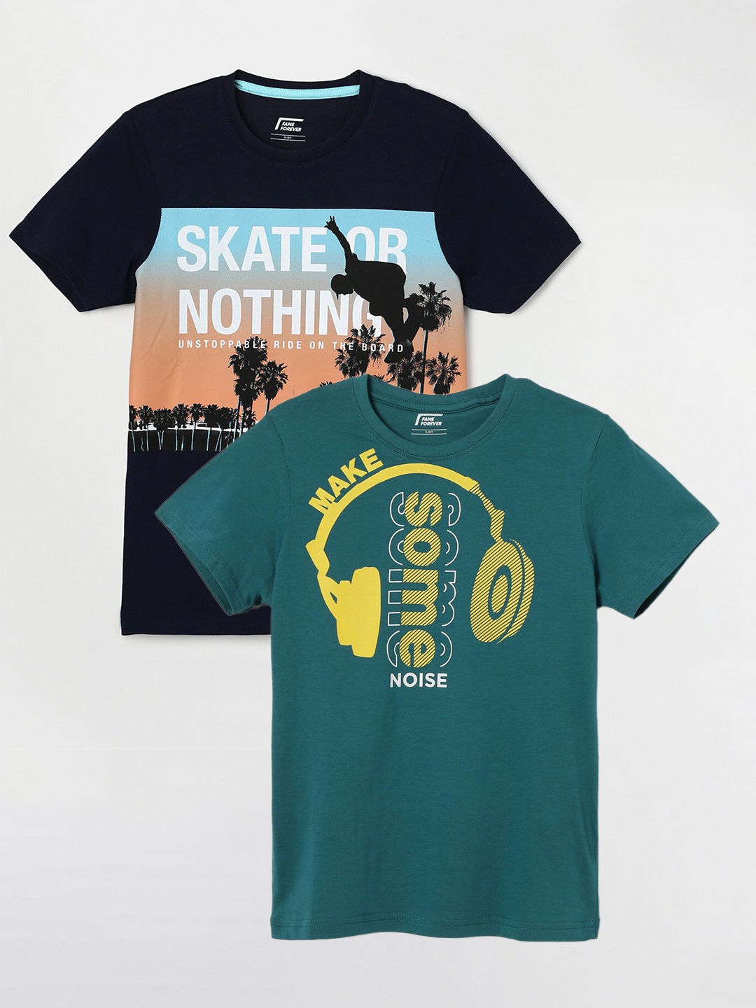 

Fame Forever by Lifestyle Boys Pack Of 2 Printed Cotton T-Shirts, Teal