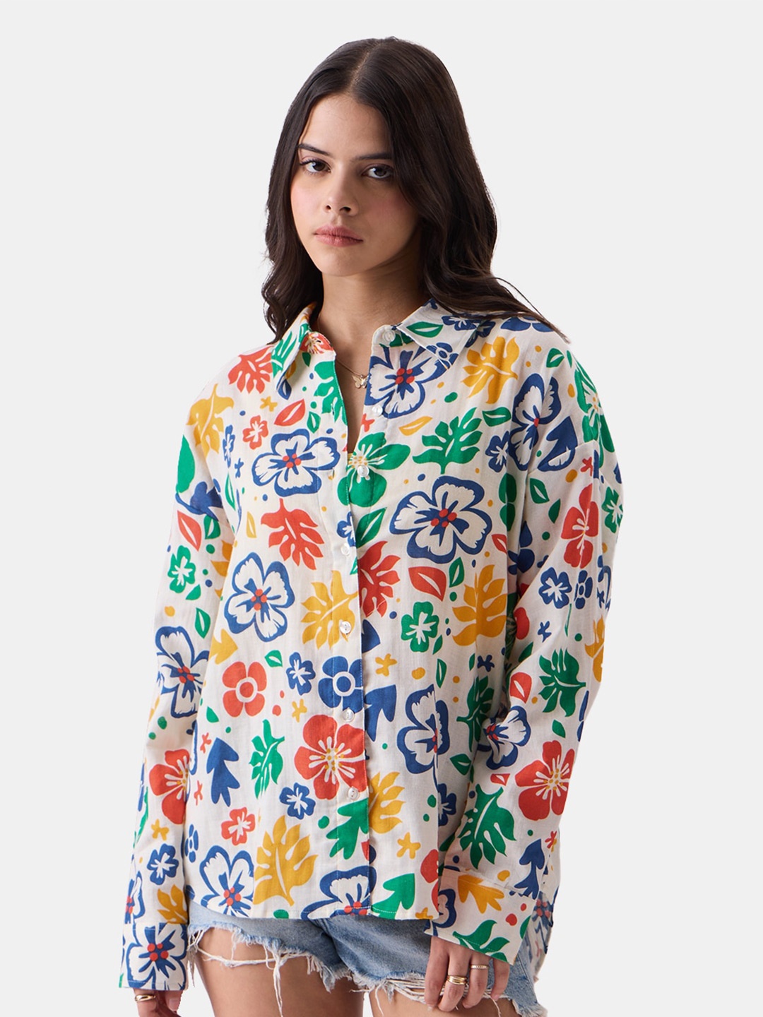 The Souled Store White Relaxed Boxy Floral Printed Pure Cotton Casual Shirt