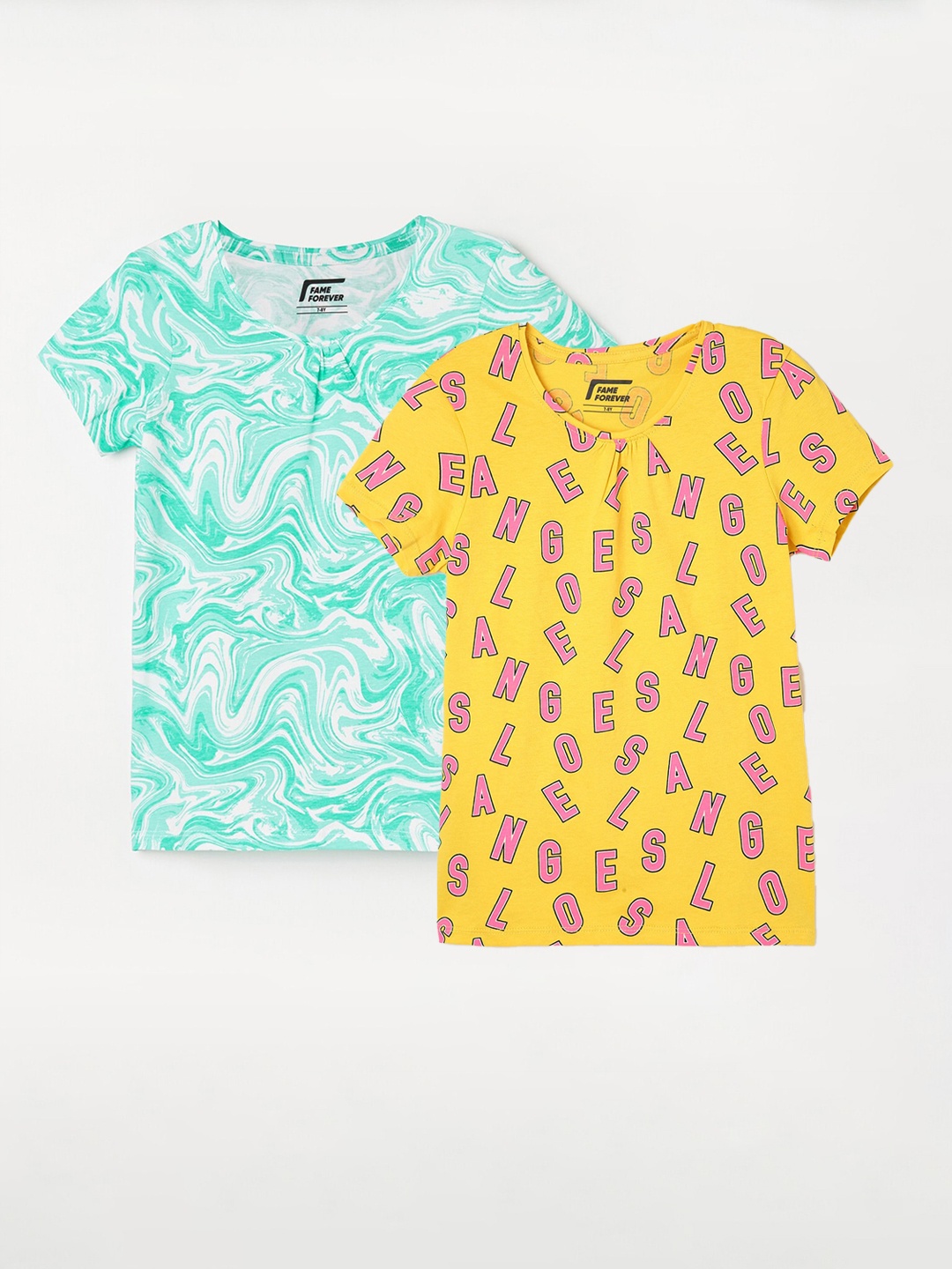 

Fame Forever by Lifestyle Girls Pack Of 2 Printed Cotton T-Shirts, Yellow