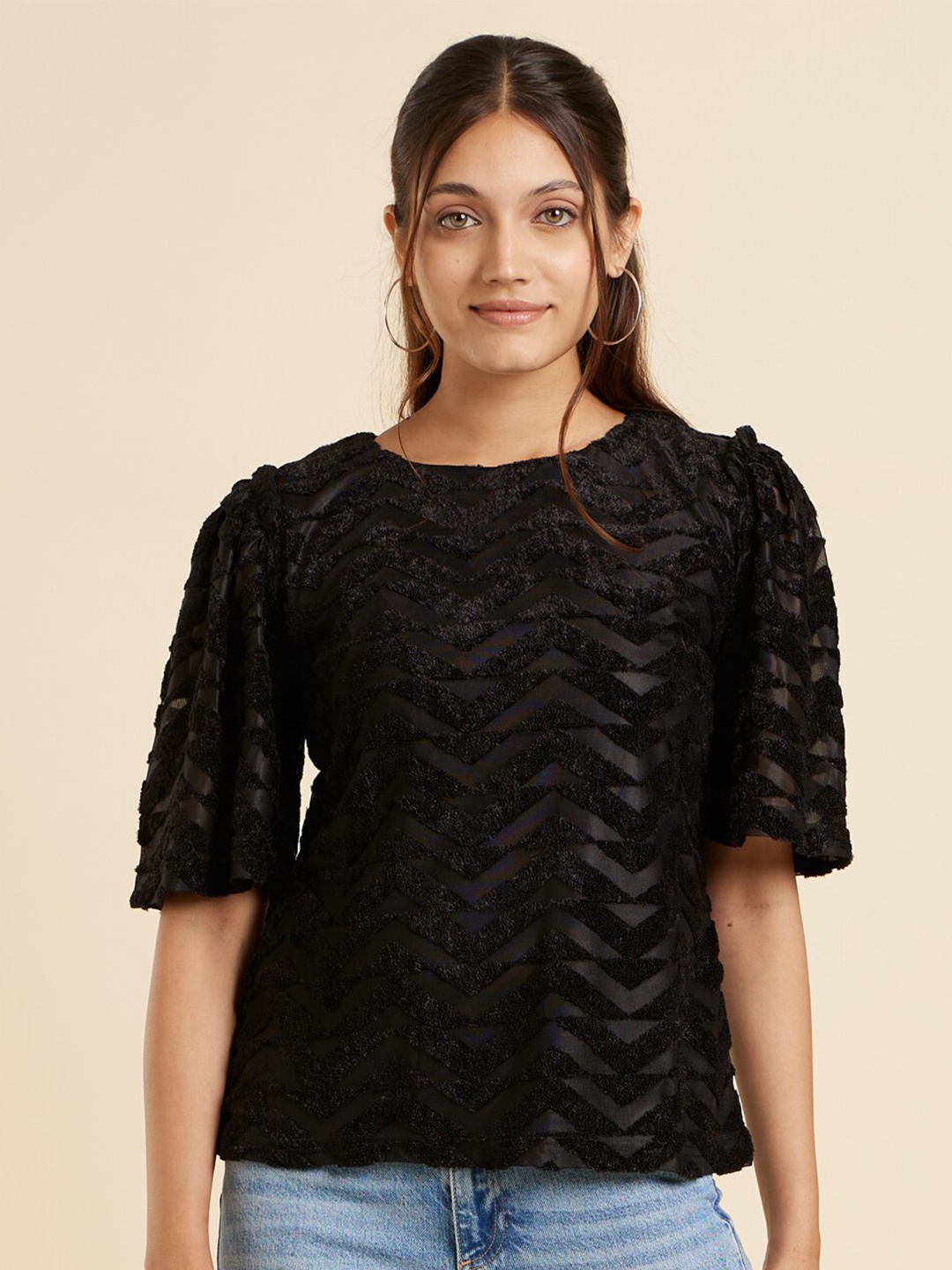 

Emmyrobe Self Design Round Neck Flared Sleeve Ruffled Regular Top, Black