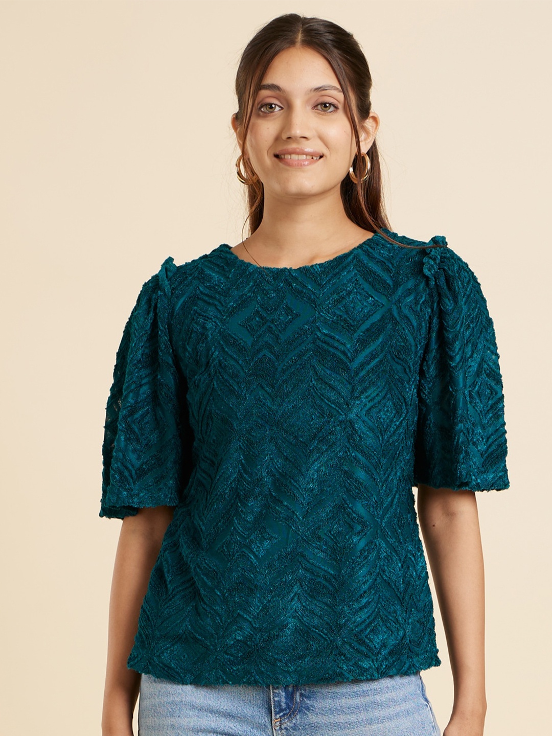 

Emmyrobe Self Design Round Neck Flared Sleeve Ruffled Regular Top, Teal