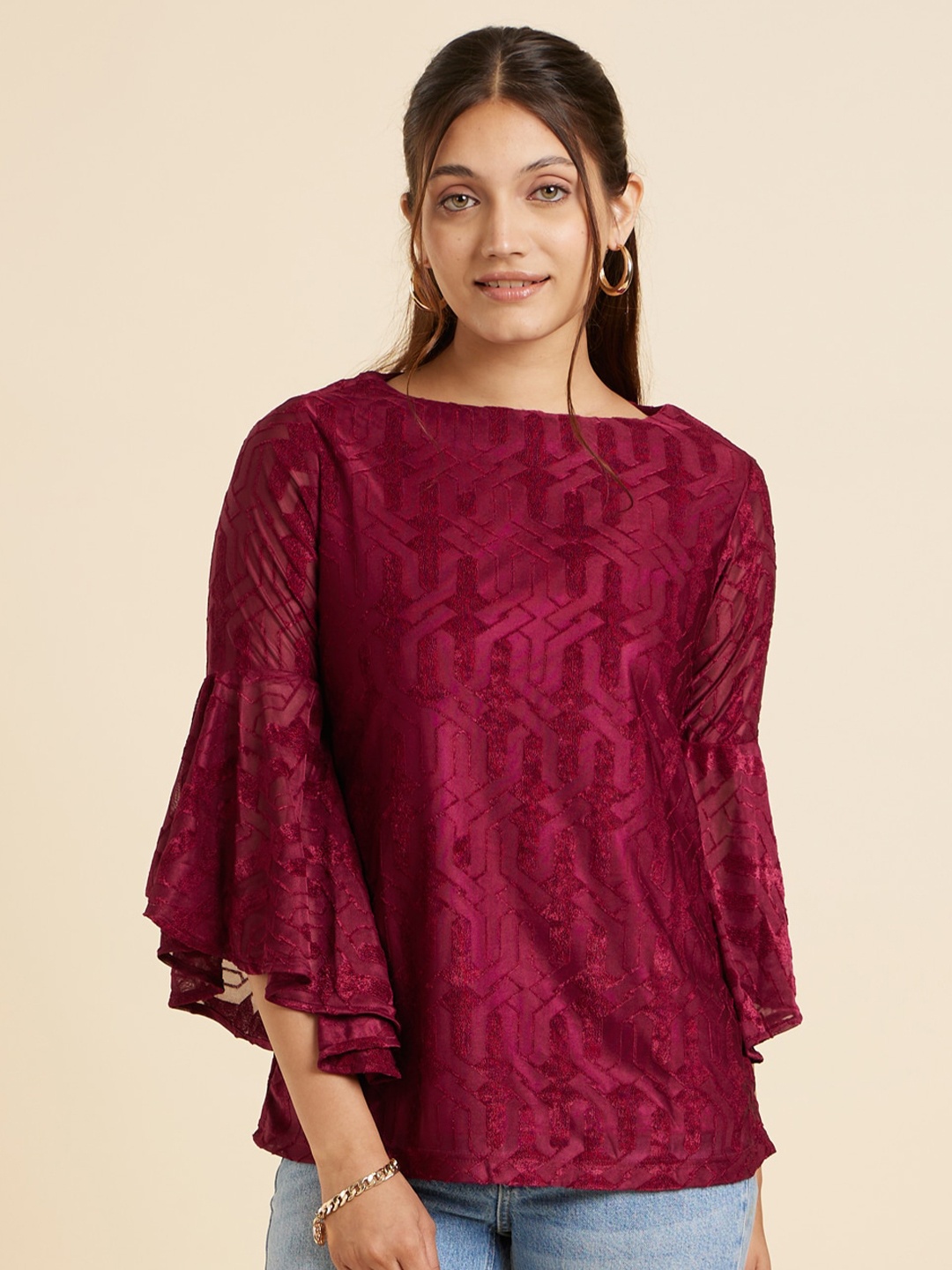 

Emmyrobe Gathered Boat Neck Bell Sleeve Casual Straight Top, Maroon