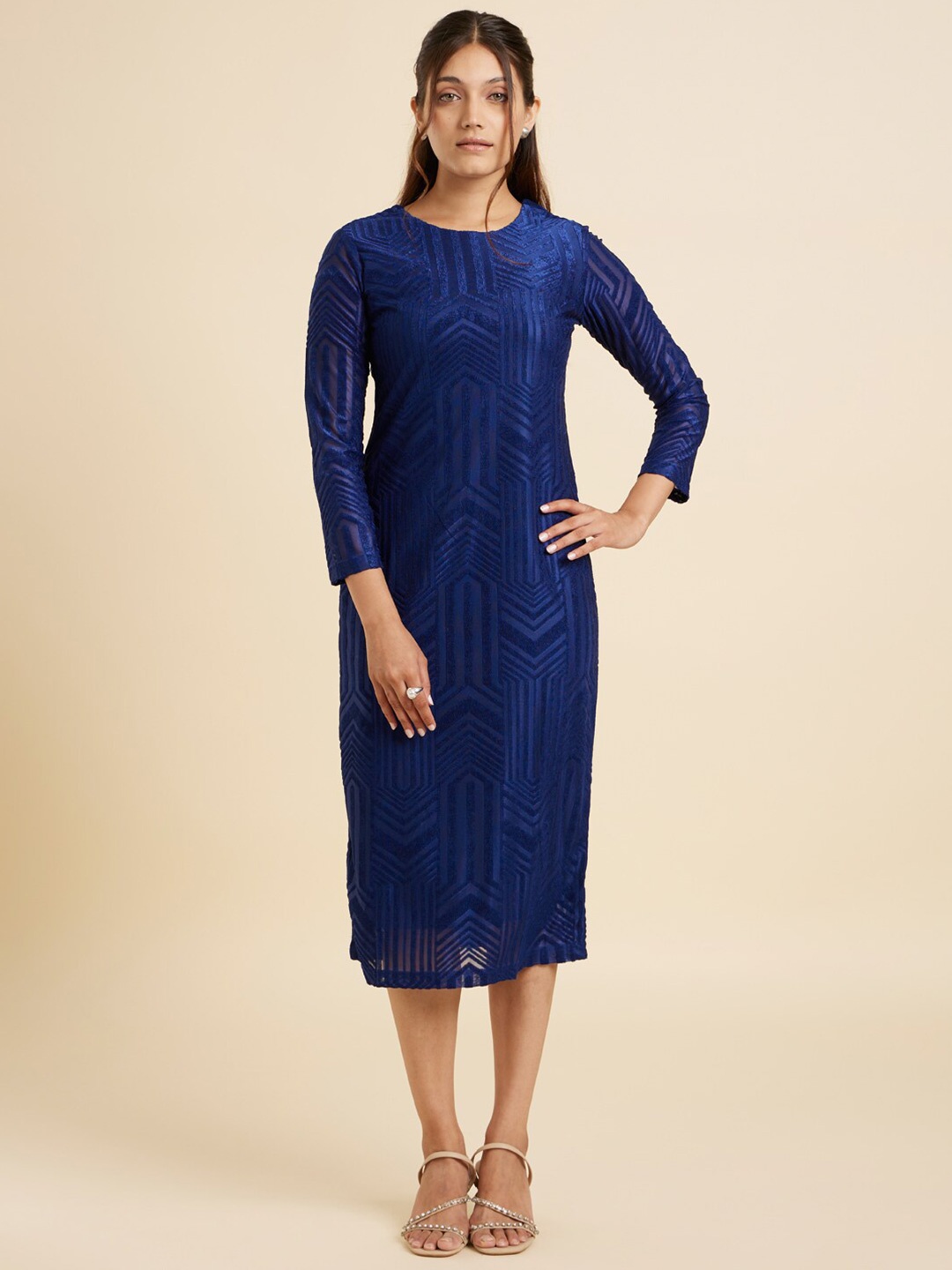 

Emmyrobe Self Designed Round Neck Sheath Midi Dress, Blue