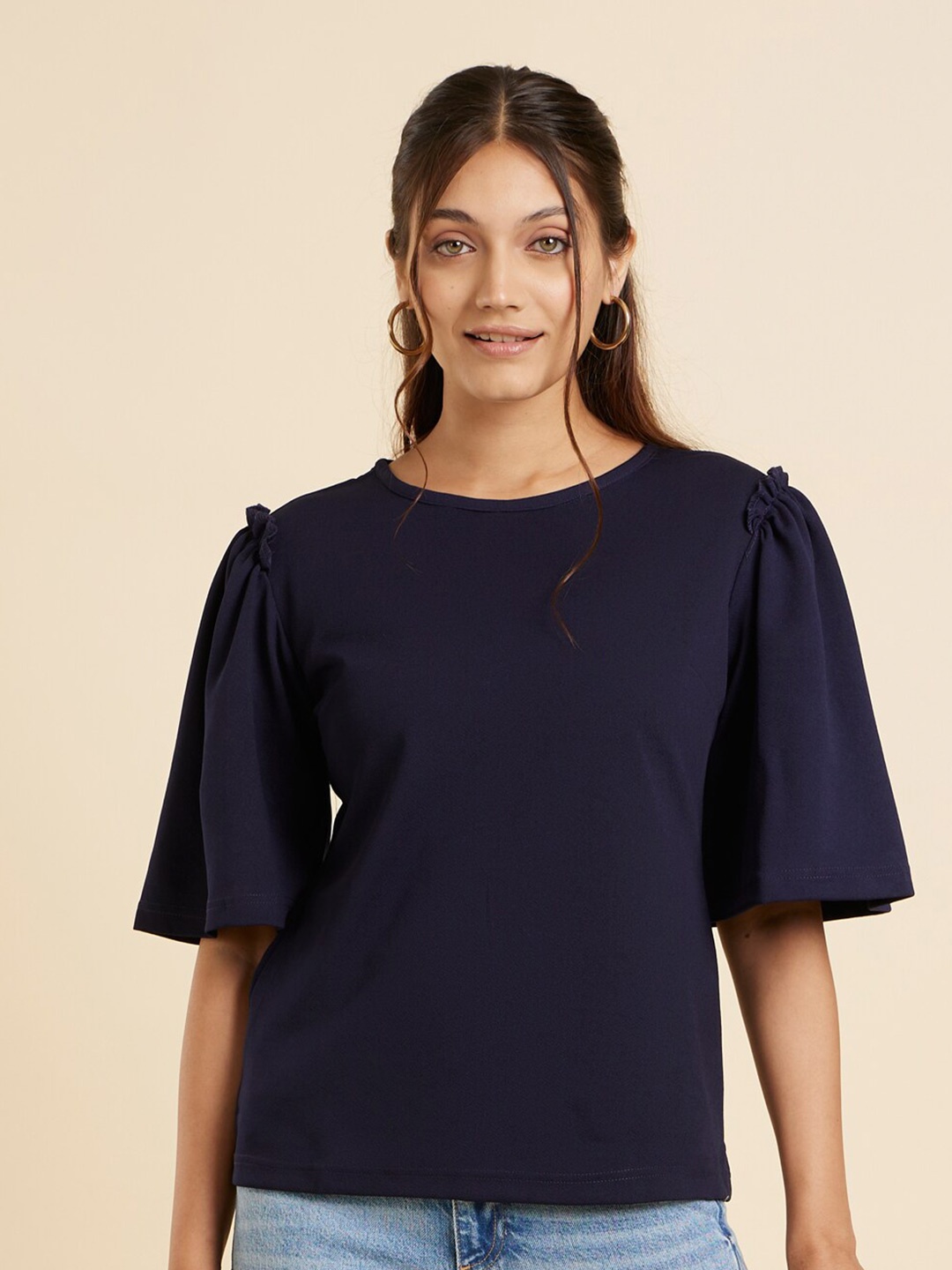 

Emmyrobe Round Neck Flared Sleeve Ruffled Regular Top, Navy blue