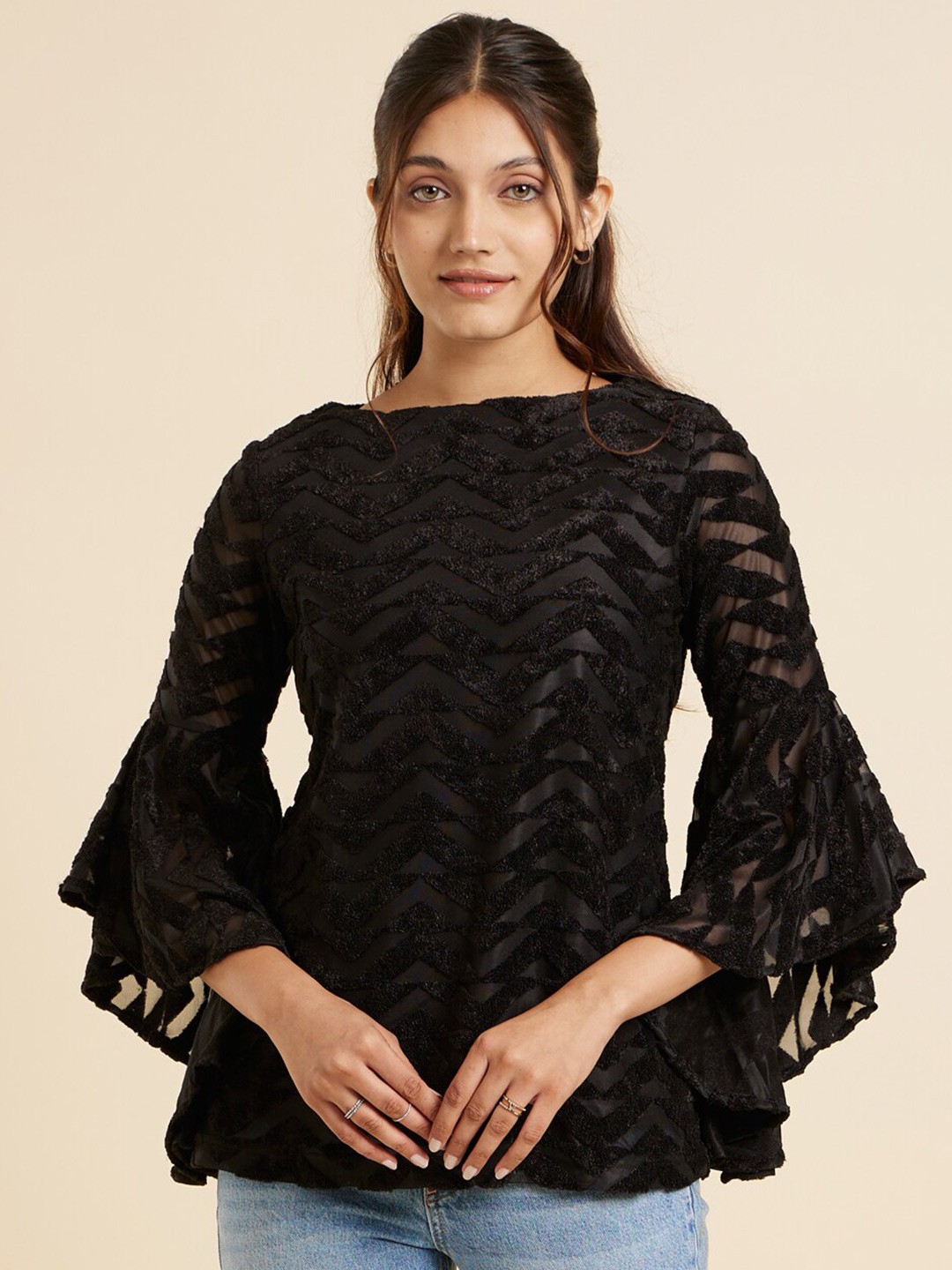 

Emmyrobe Gathered Boat Neck Bell Sleeves Casual Straight Top, Black