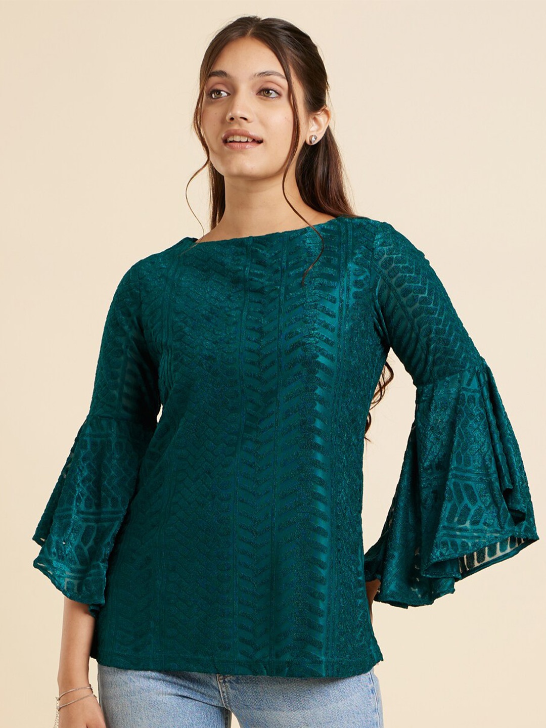 

Emmyrobe Gathered Boat Neck Bell Sleeve Casual Straight Top, Green