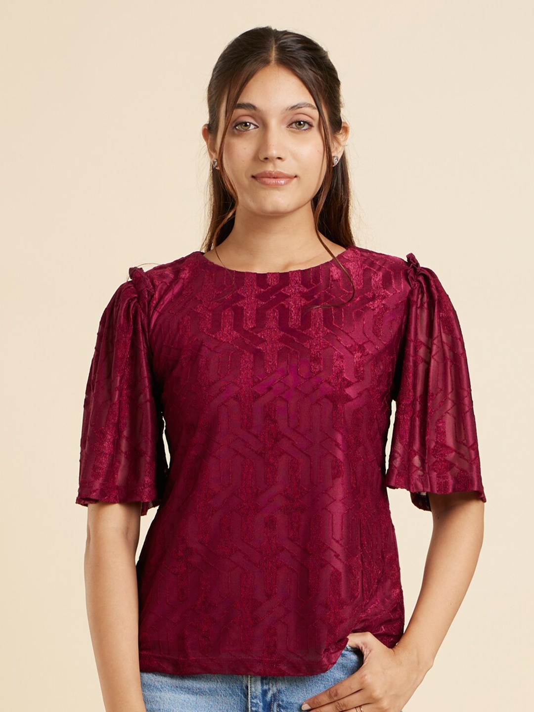 

Emmyrobe Self Design Round Neck Flared Sleeve Ruffled Regular Top, Maroon