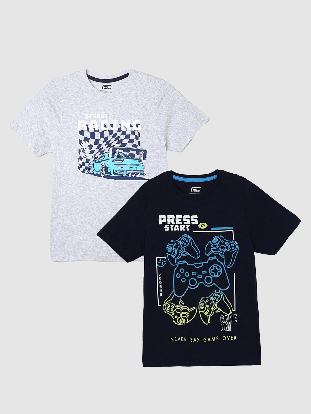 

Fame Forever by Lifestyle Boys Pack Of 2 Graphic Printed Cotton T-Shirts, Navy blue