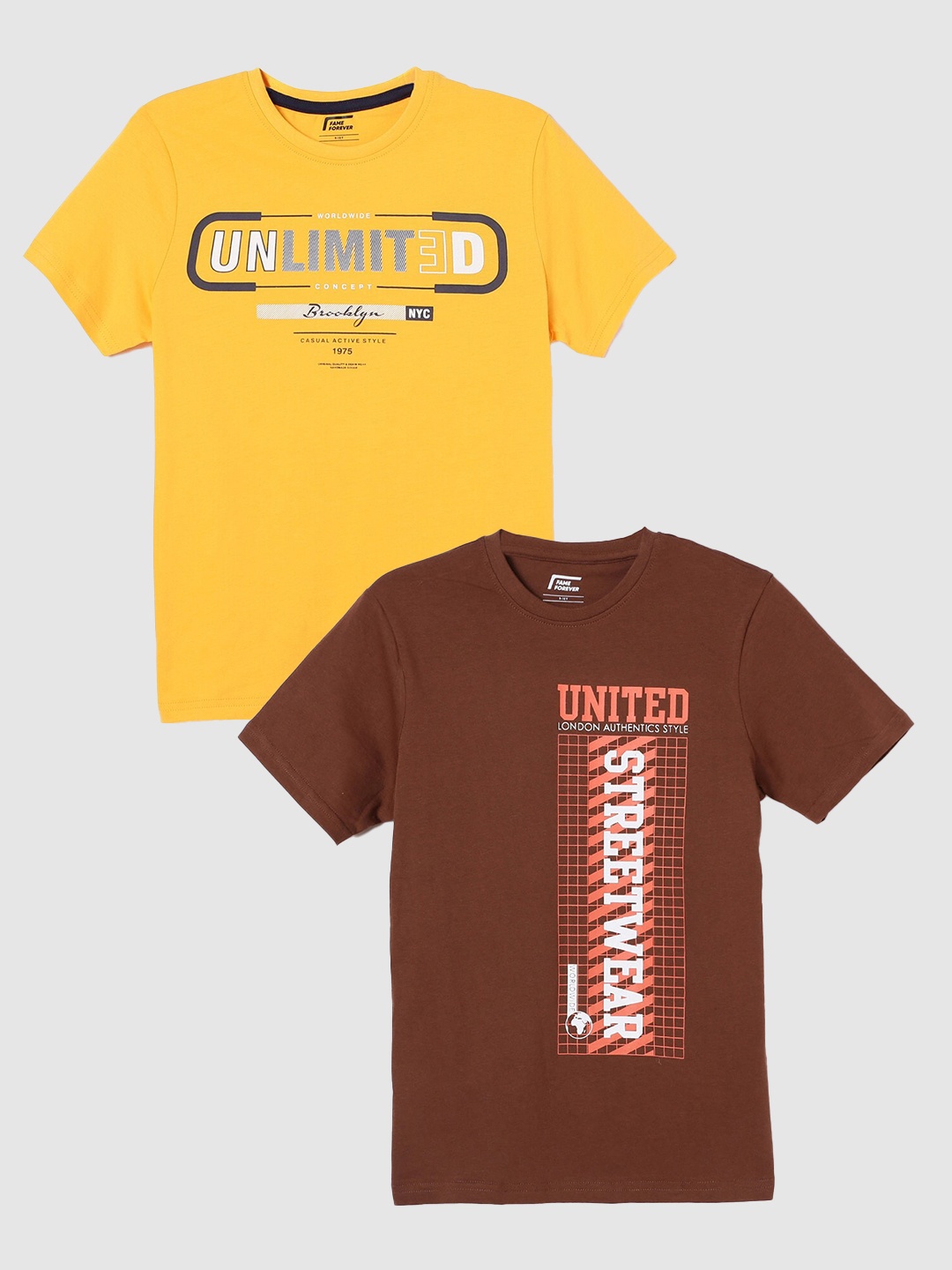 

Fame Forever by Lifestyle Boys Pack Of 2 Typography Printed Pure Cotton T-Shirts, Brown