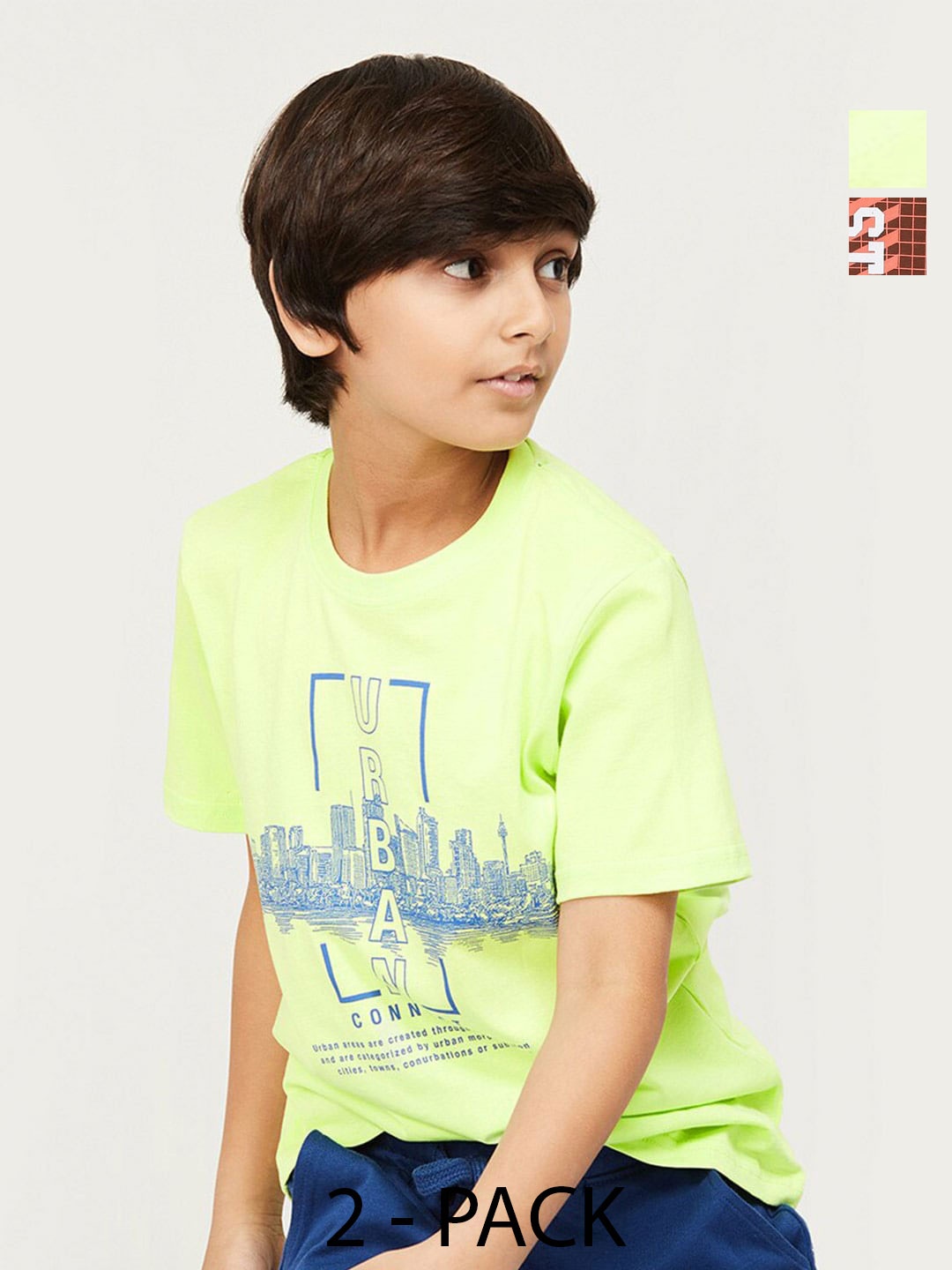 

Fame Forever by Lifestyle Boys Pack Of 2 Typography Printed Pure Cotton T-Shirts, Lime green