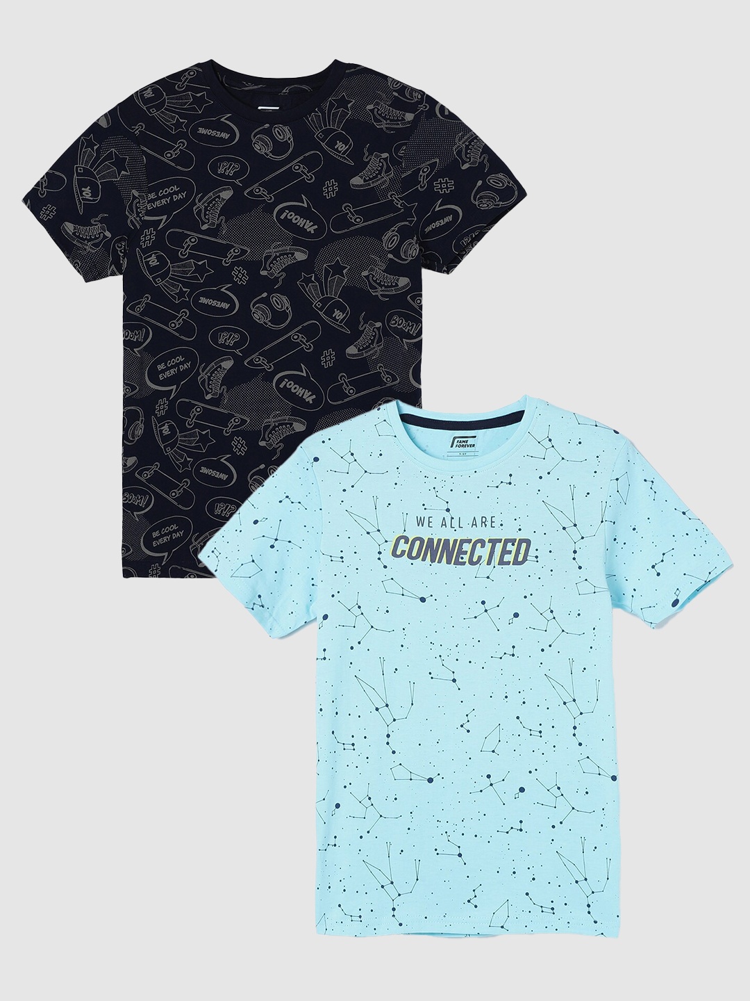 

Fame Forever by Lifestyle Boys Pack Of 2 Printed Pure Cotton Casual T-Shirts, Blue