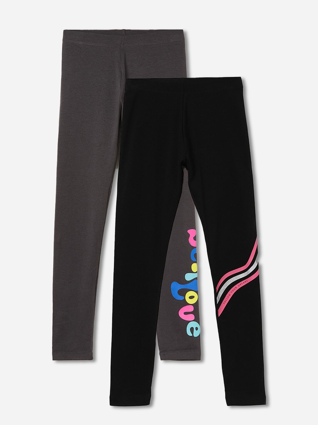 

Fame Forever by Lifestyle Girls Pack Of 2 Printed Cotton Casual Leggings, Black