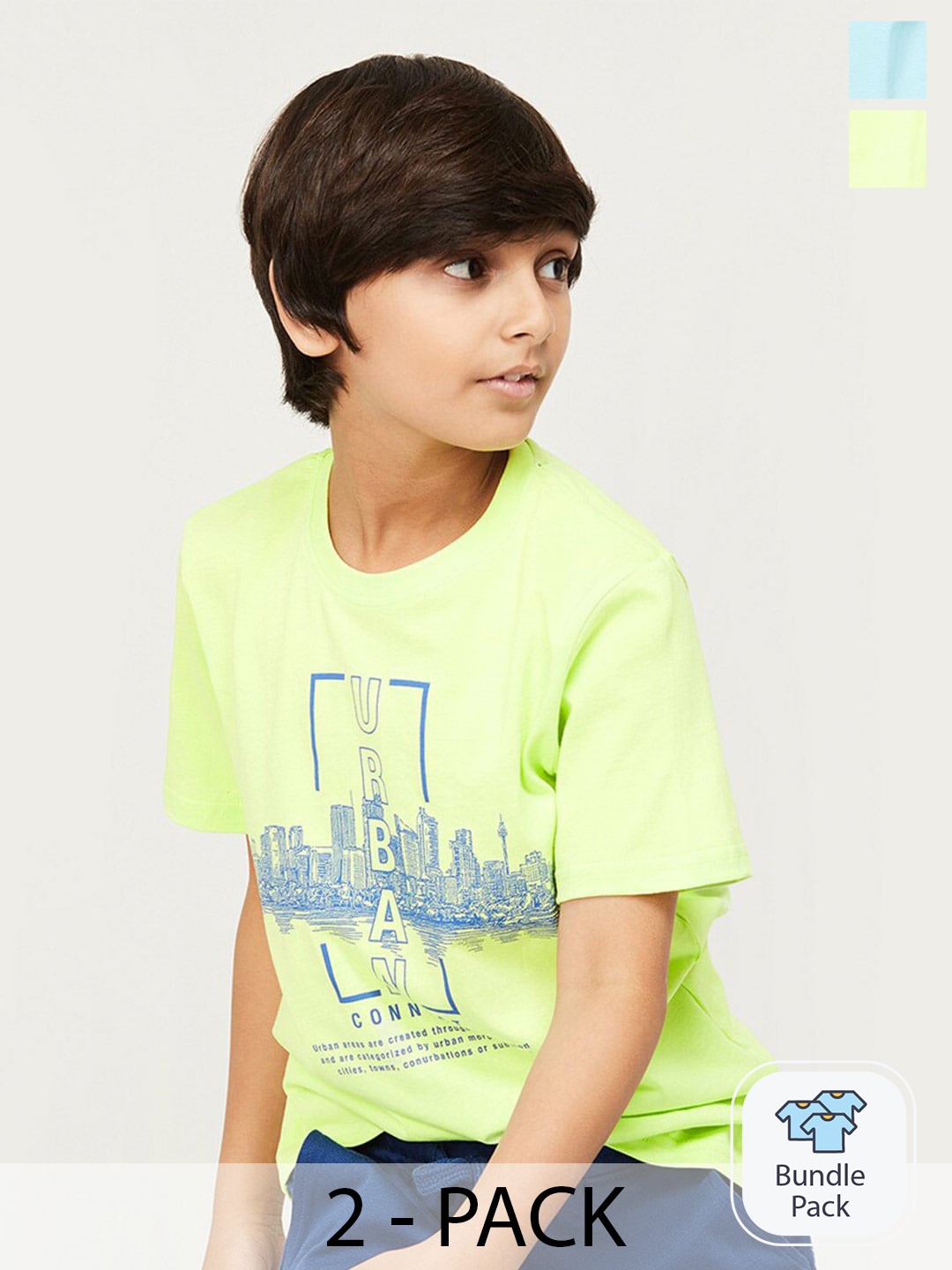 Fame Forever by Lifestyle Boys Pack Of 2 Printed Pure Cotton Casual T-Shirts, Fluorescent green