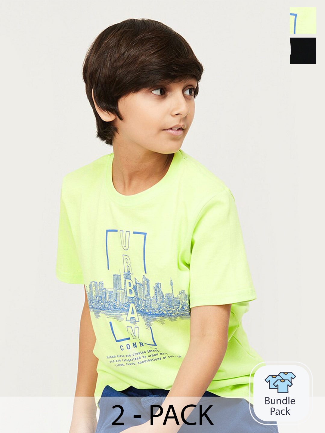 

Fame Forever by Lifestyle Boys Pack Of 2 Printed Cotton T-Shirt, Fluorescent green