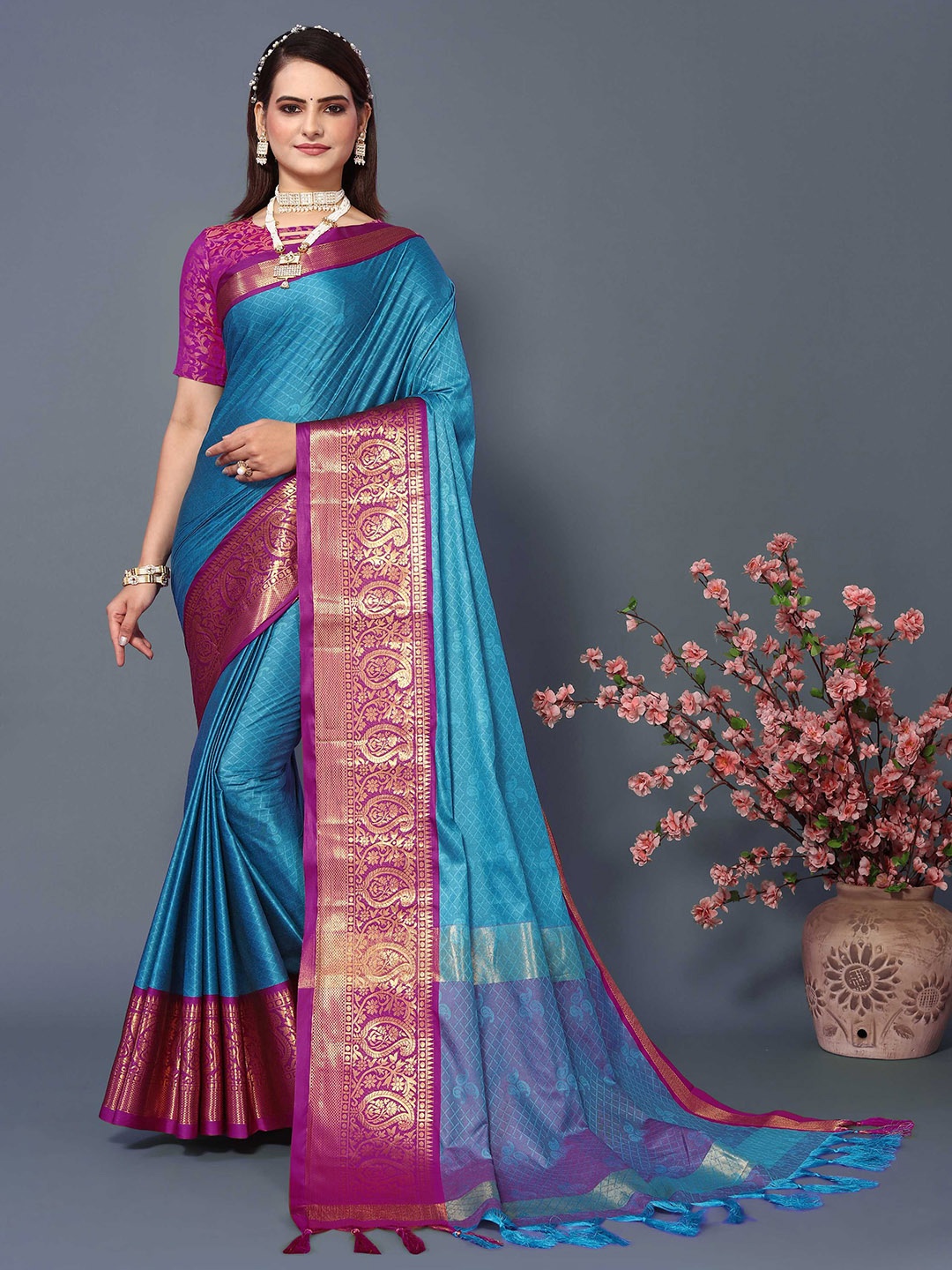 

Mitera Blue & Pink Ethnic Motifs Woven Design Zari Silk Cotton Banarasi Saree