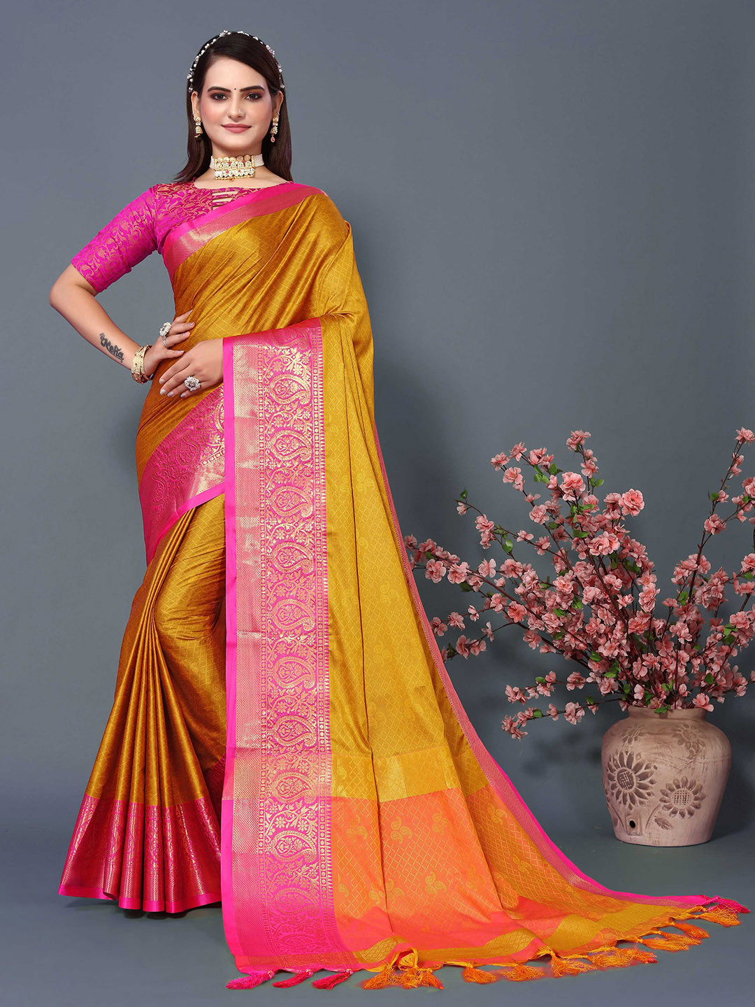 

Mitera Woven Design Zari Silk Cotton Banarasi Saree, Mustard