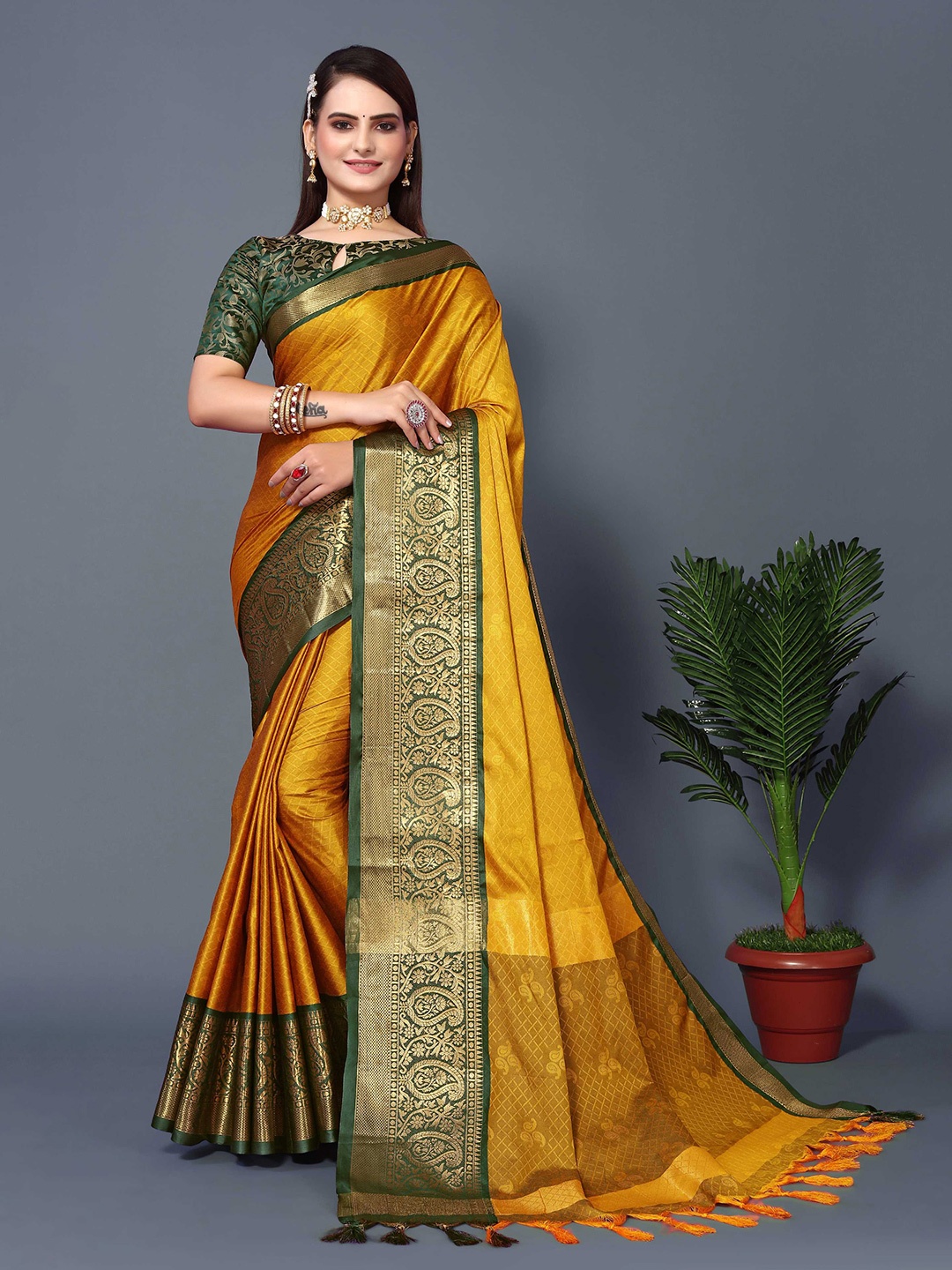 

Mitera Ethnic Motif Woven Design Zari Silk Cotton Banarasi Saree, Mustard
